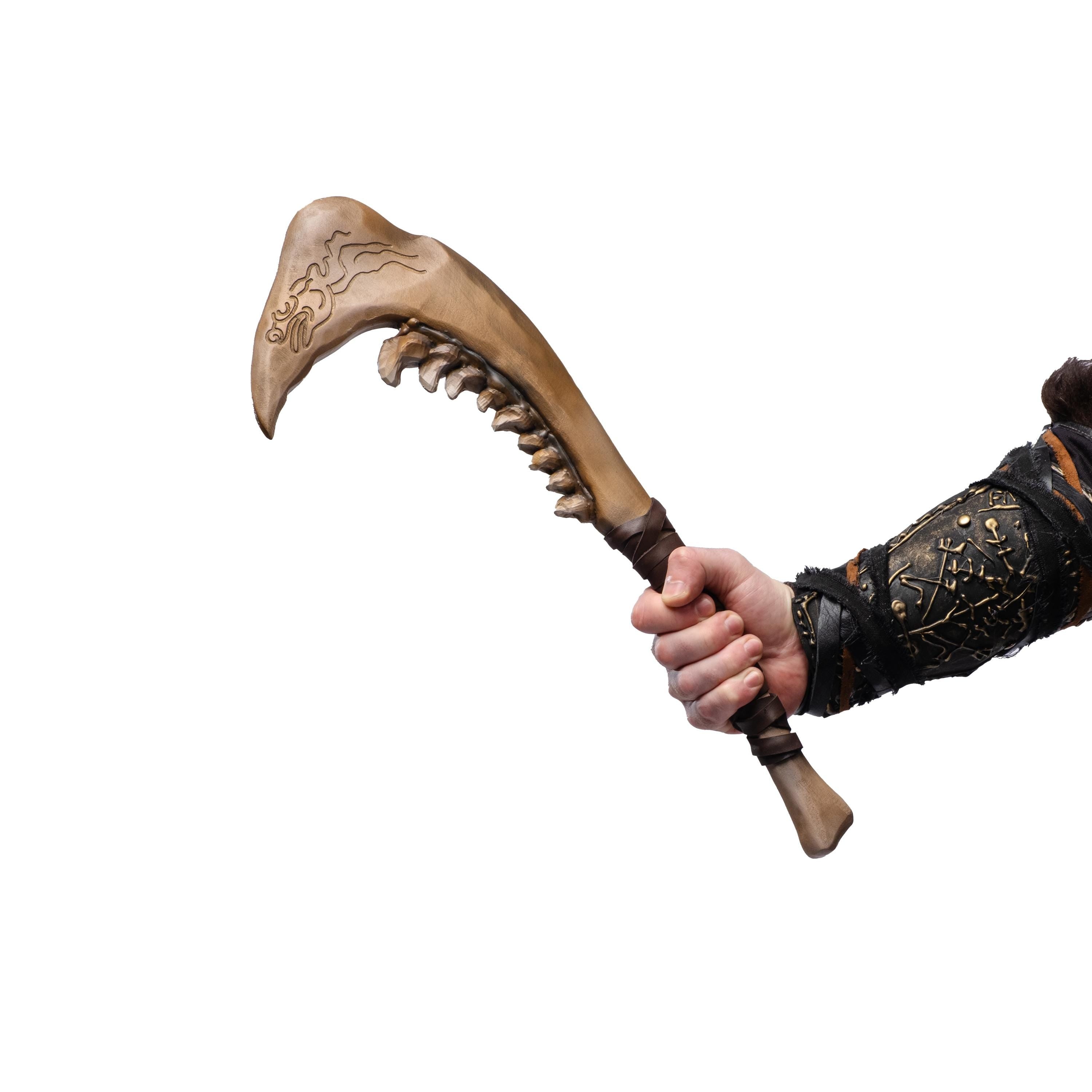 Bone Jawblade Ritual Weapon, Cosplay, Tribal Warriors, Shamans, Dark Fantasy Characters. – Handcrafted Prop with Carving & Teeth