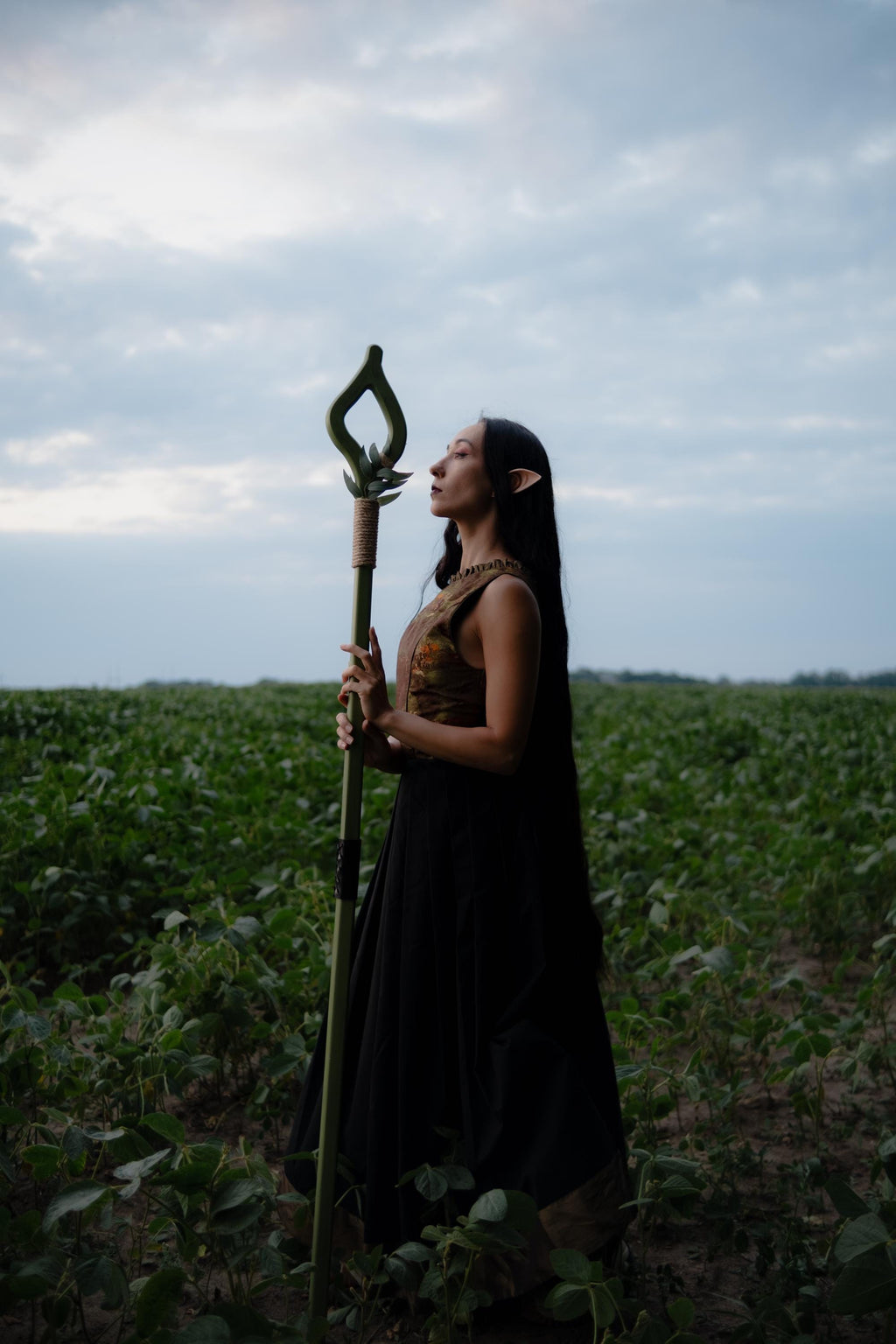 Druid Staff Eye of the Grove – Handmade Wooden Nature Staff with Faux Leaves, Nature Staff for LARP & Cosplay, Ritual