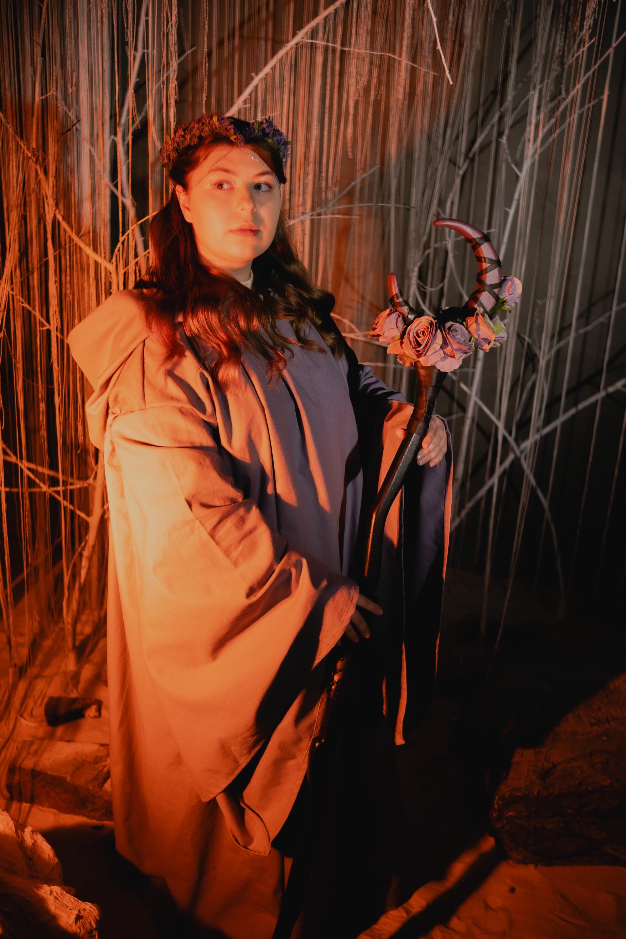 Plum Rose Moon Staff – Handcrafted Wooden Fantasy Stick with Rose Accents for Elvens, Druids and Mages, Wizard Accessory