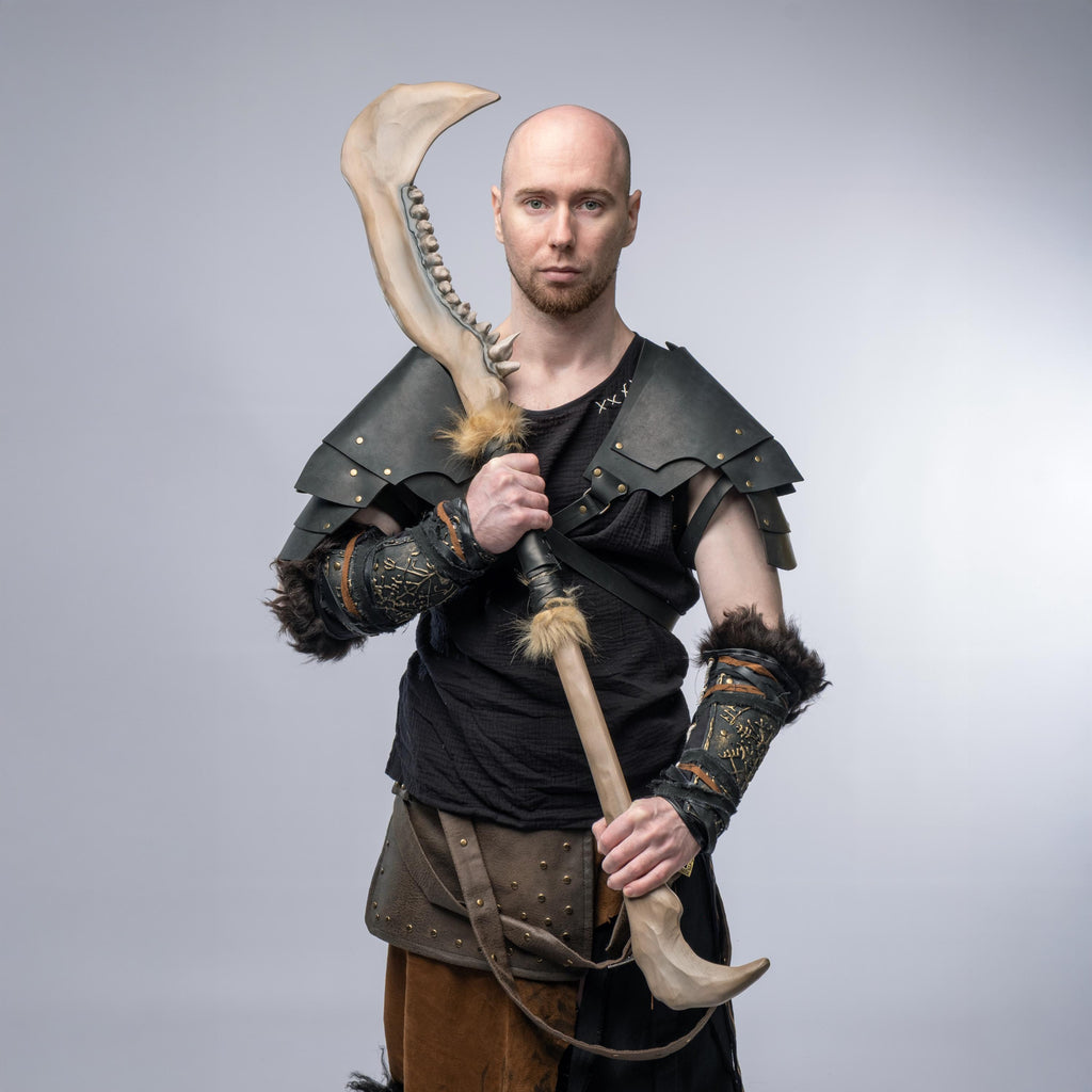 Savage Bone Club – Tribal Fantasy Weapon – Handmade Wooden Mace with 3D Printed Teeth – Cosplay, Barbarian Prop, Orc Warrior, Mythic Shaman