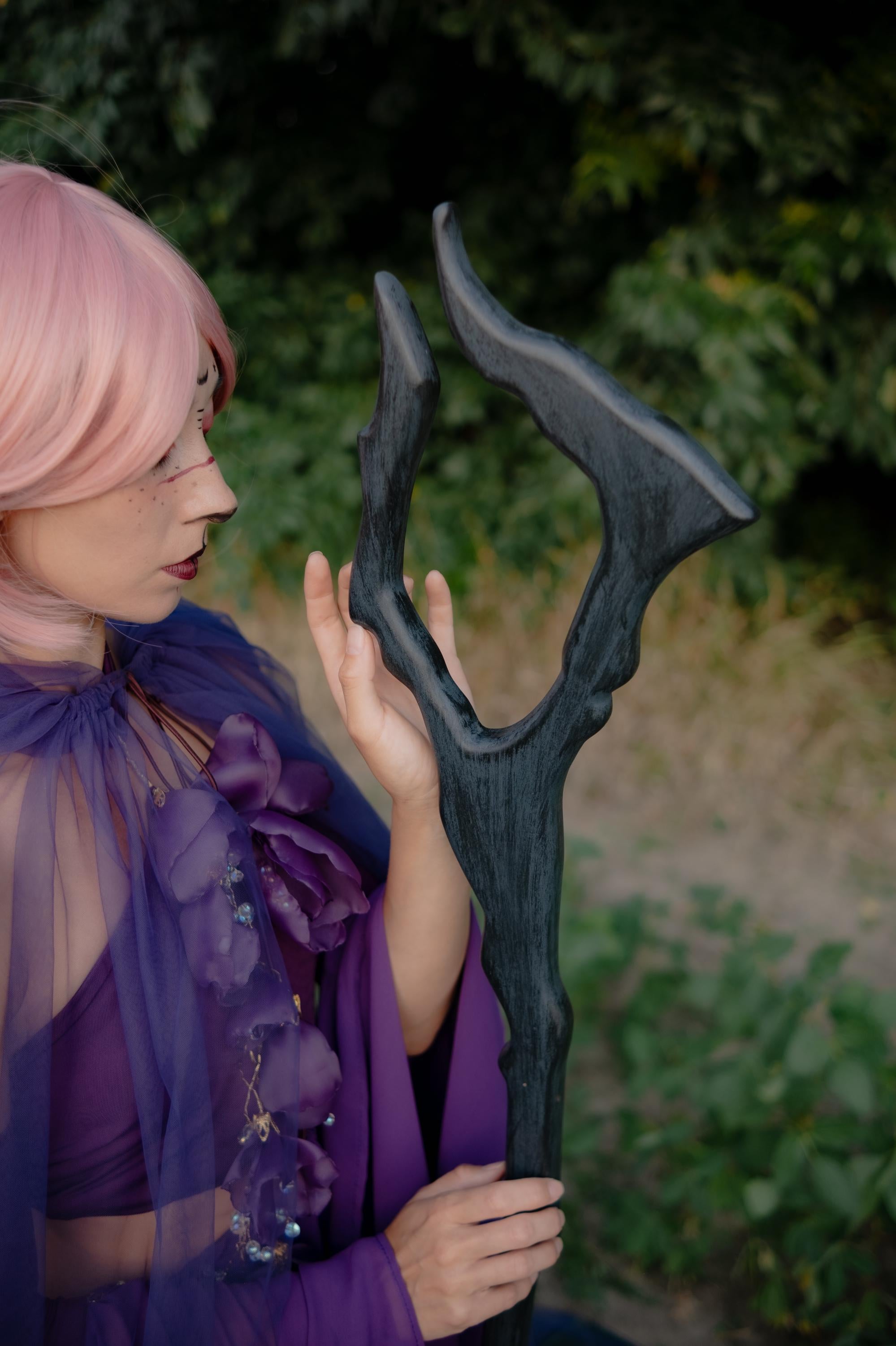 Dark Antler Staff – Wooden Fantasy Cosplay Prop, Druid Elf Mage Costume Staff,