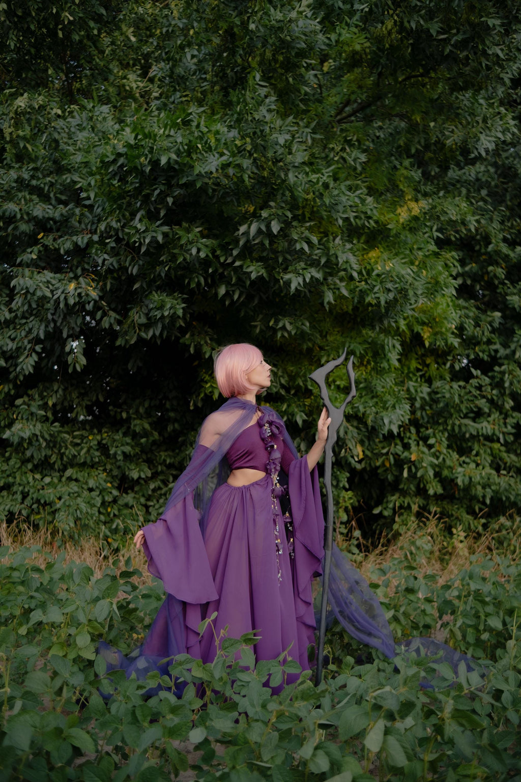 Dark Antler Staff – Wooden Fantasy Cosplay Prop, Druid Elf Mage Costume Staff,