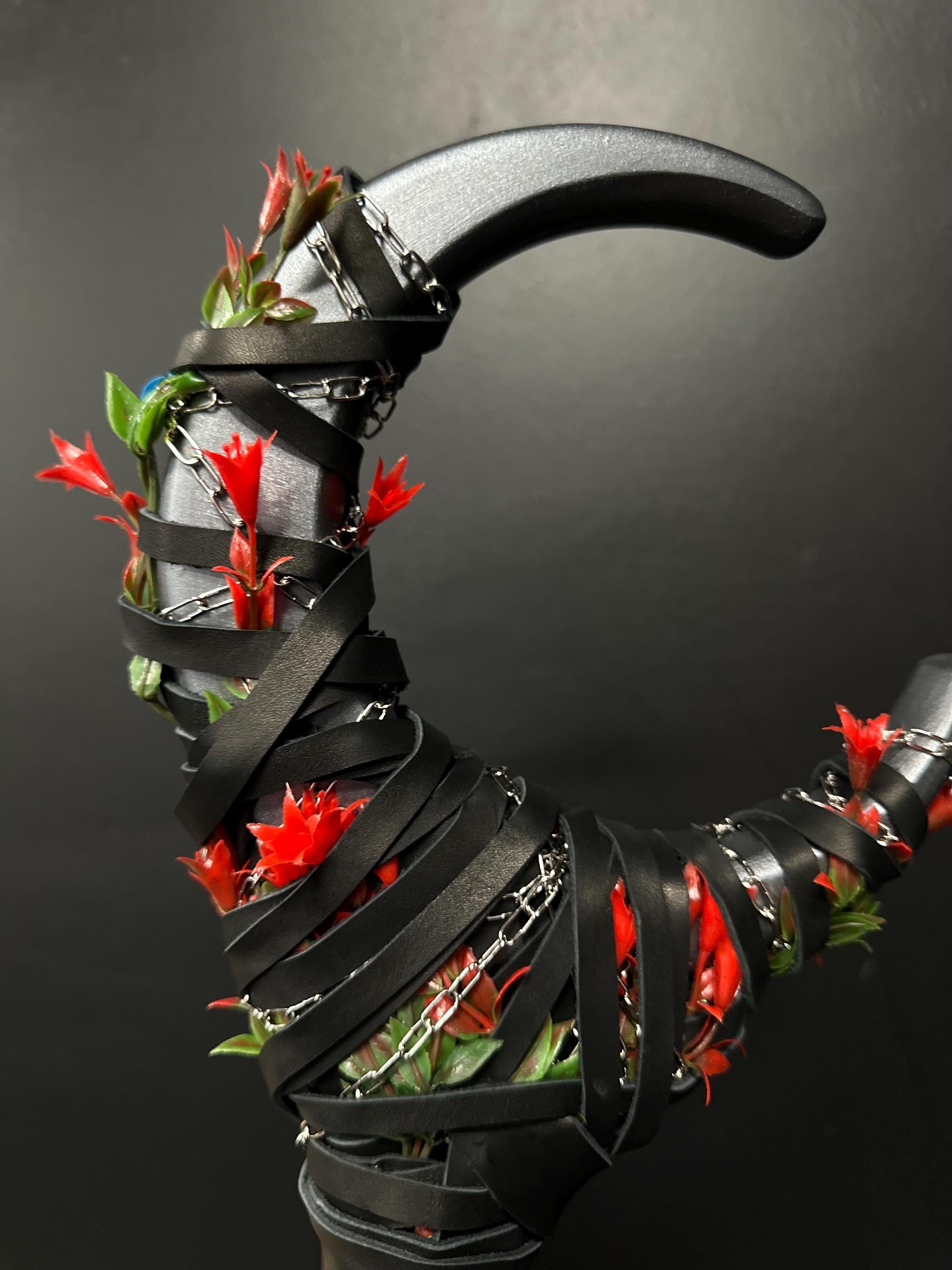 Blooming Nightshade Moon Staff – Wooden Fantasy Cosplay Staff, Silver Moon Color with Red Bellflower, Handcrafted Wizard Staff