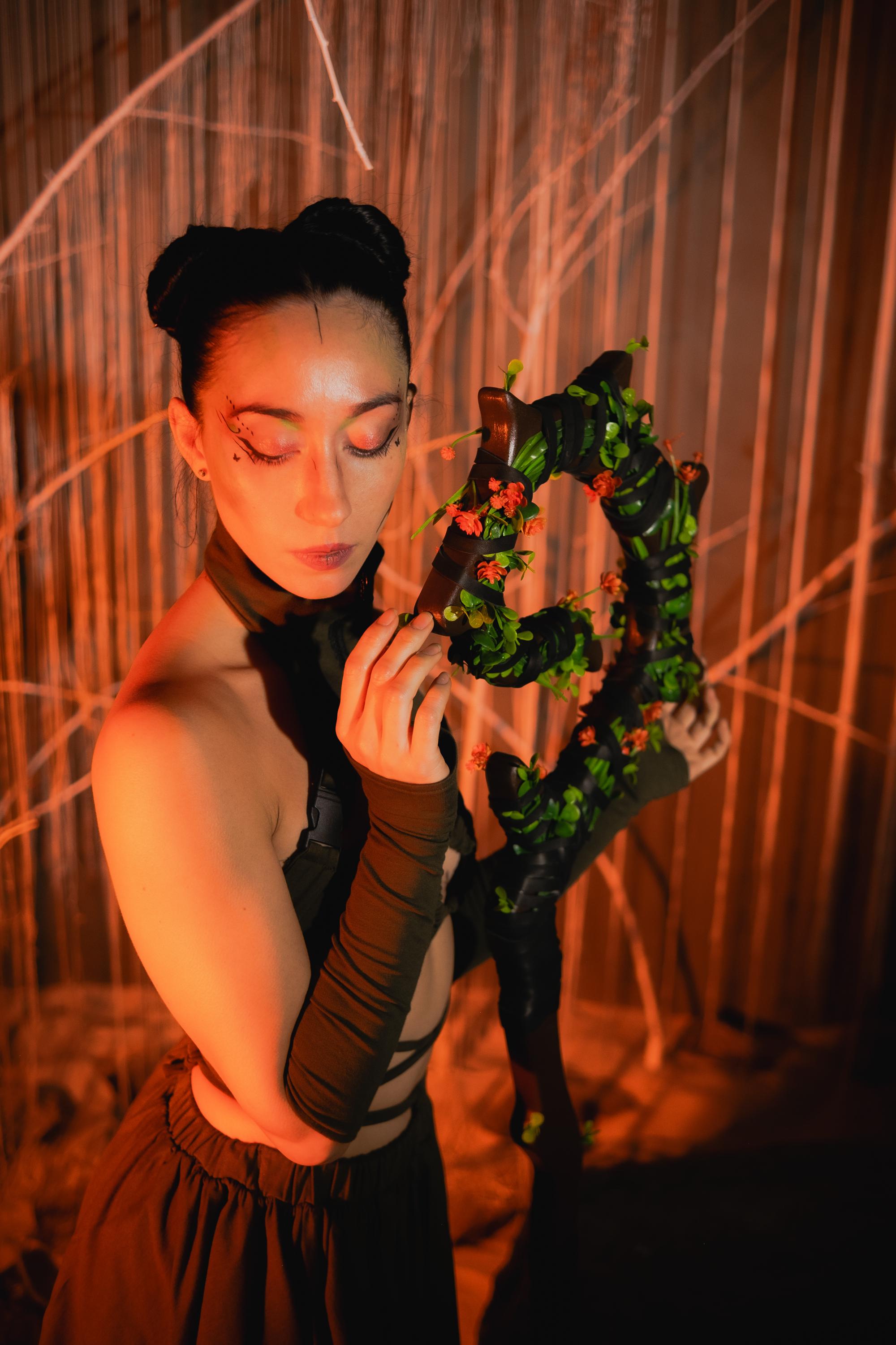 The Swamp Druid Staff with Red Flowers, Druid Сane, Wooden Fantasy Prop for Tiefling, Genasi Cleric, Wizard Costume