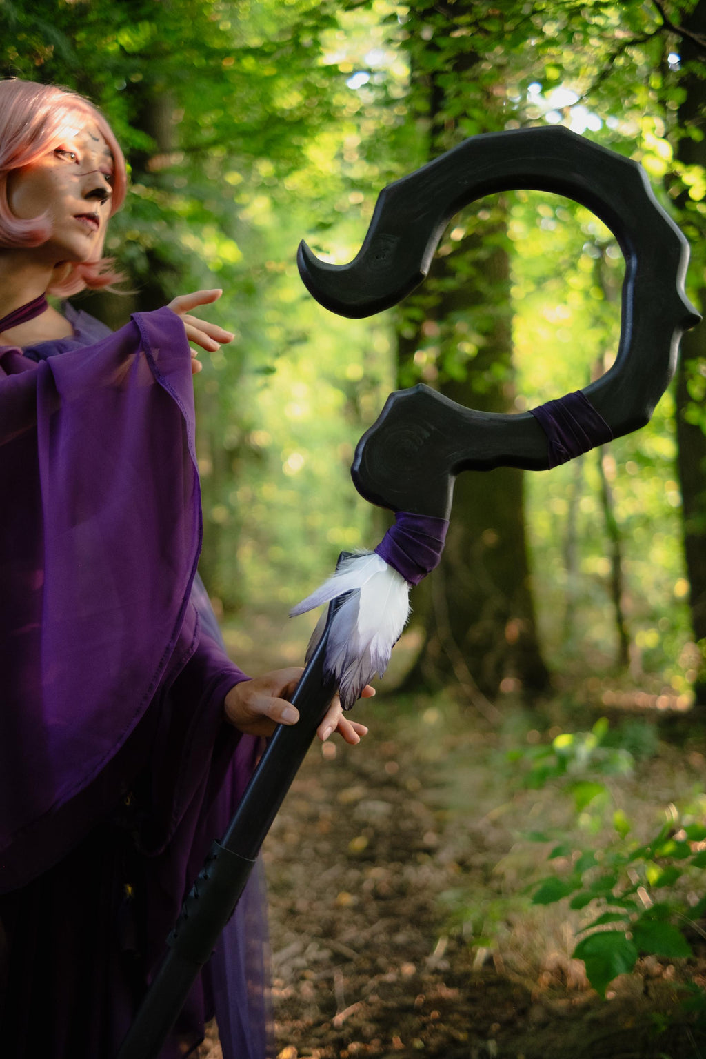 Whisper of the Void Wooden Staff - Dark Fantasy Wizard Staff, Purple Mage Prop, Witchcraft Cosplay Cane with Feathers