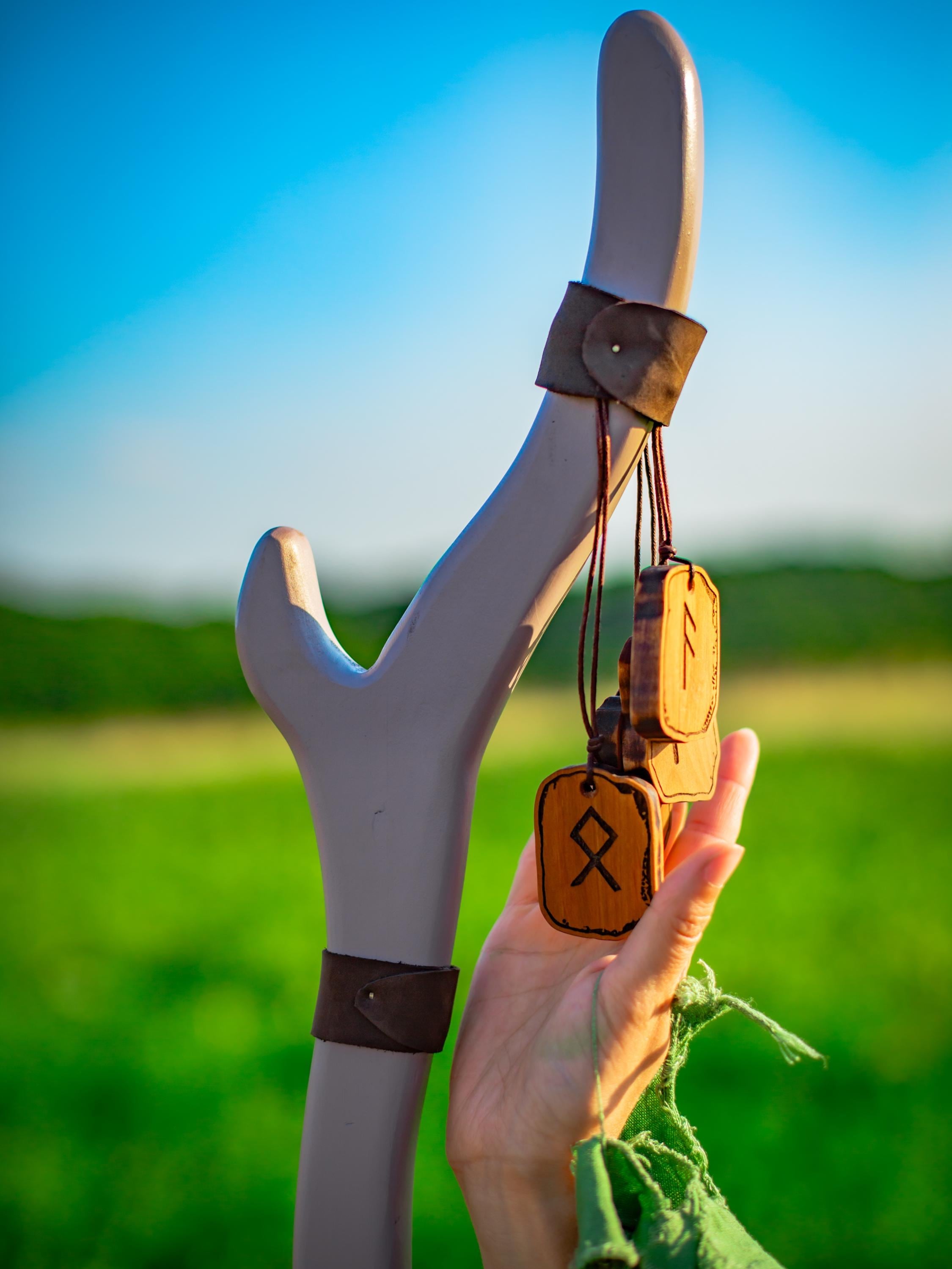 Staff of Runestones – Wooden Rune Staff, Druidic Forest Decor, Handcrafted Magical Prop, Nature Symbol Cane