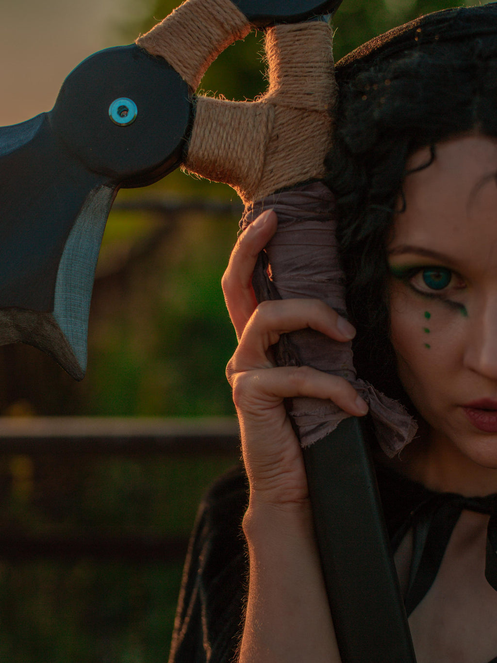 Scythe – Dark Crescent Wooden Black Staff – Handcrafted Fantasy Prop, Reaper, Gothic Fantasy Art Decor, Mystic Sorcerer Accessory