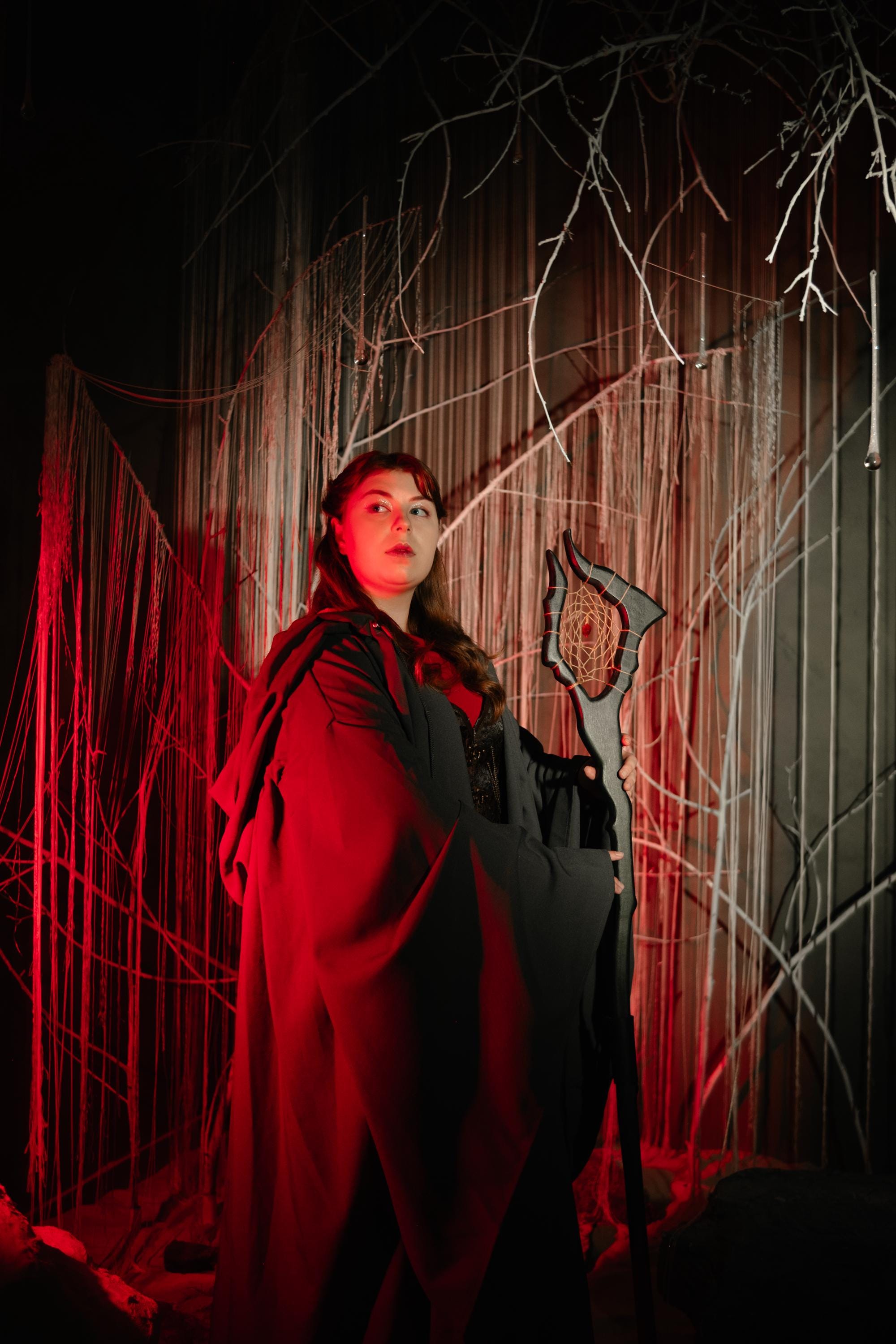 Witch Staff  – The Witch's Snare, Crimson Web Staff, Handcrafted Wooden Fantasy Prop with Dreamcatcher Center, Arcane-Themed Characters