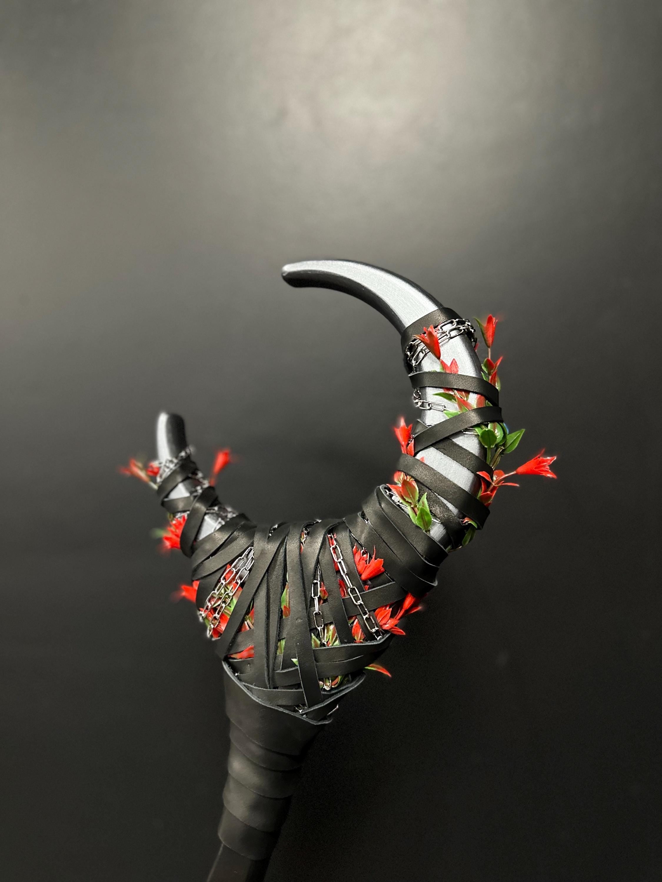 Blooming Nightshade Moon Staff – Wooden Fantasy Cosplay Staff, Silver Moon Color with Red Bellflower, Handcrafted Wizard Staff