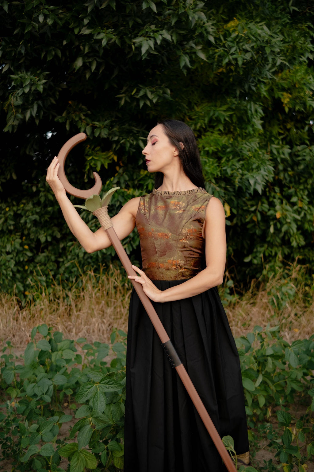 Petal Crescent - Druid Staff with EVA Foam Leaves – Handmade Wooden Nature Staff for Cosplay