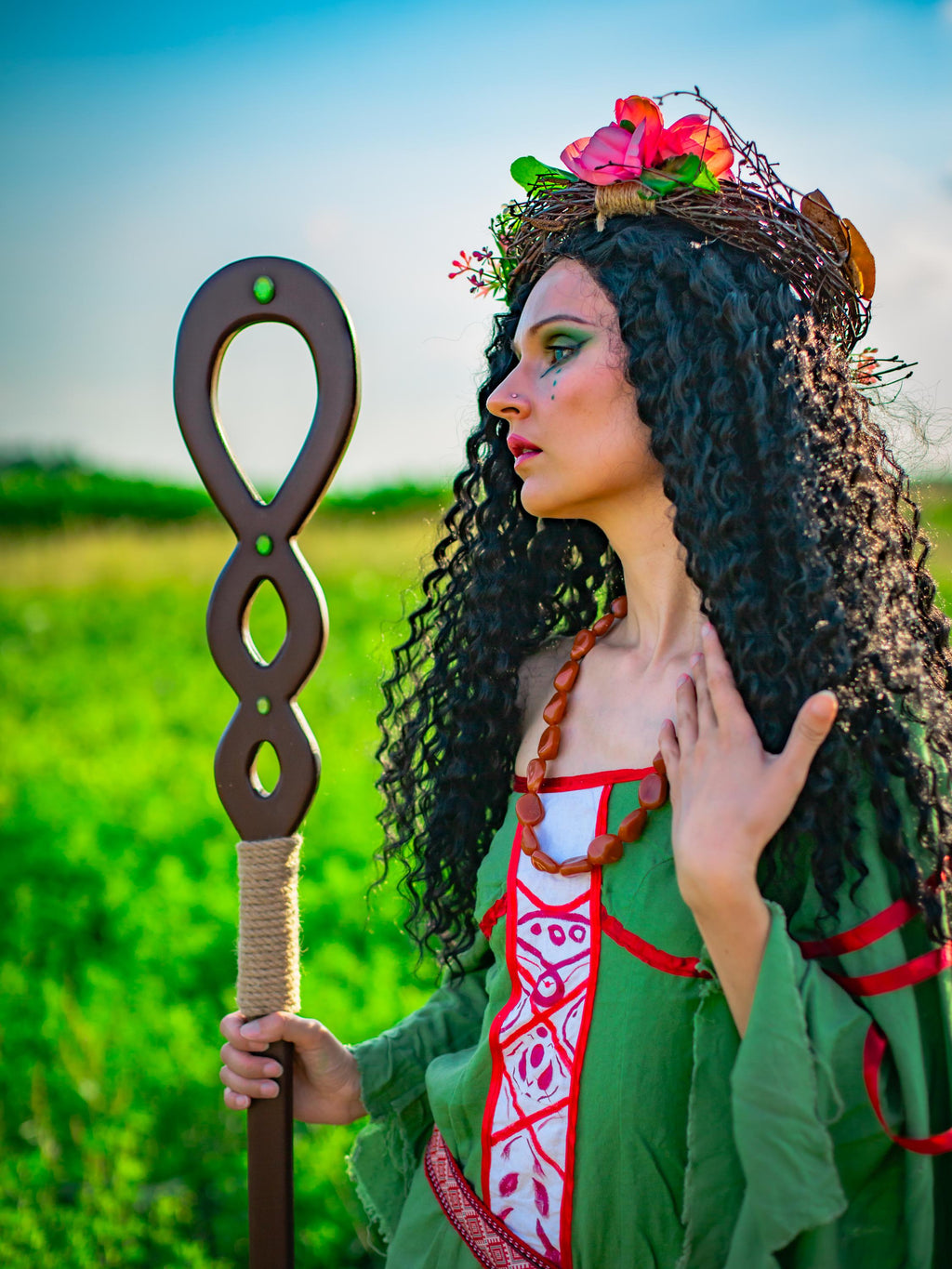 Celestial Ellipse Staff – Wooden Druid Staff, Handmade Fantasy Prop, Mystical Nature Decor, Cosmic Ritual Wand, Forest Magic