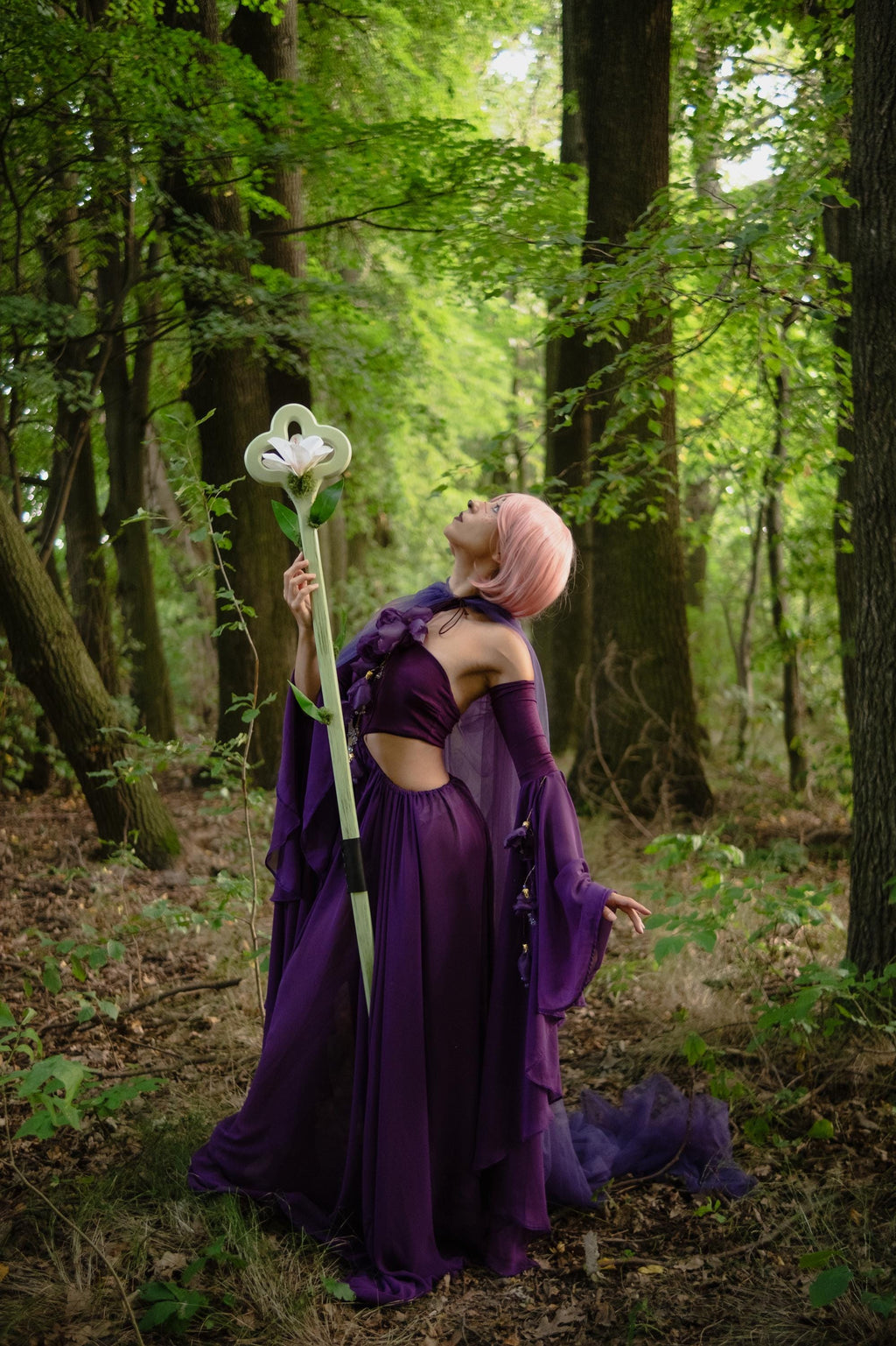 Lily Bloom Staff – Mint White Handmade Wooden Fantasy Cosplay Prop, Elf Druid Staff with Moss Accents