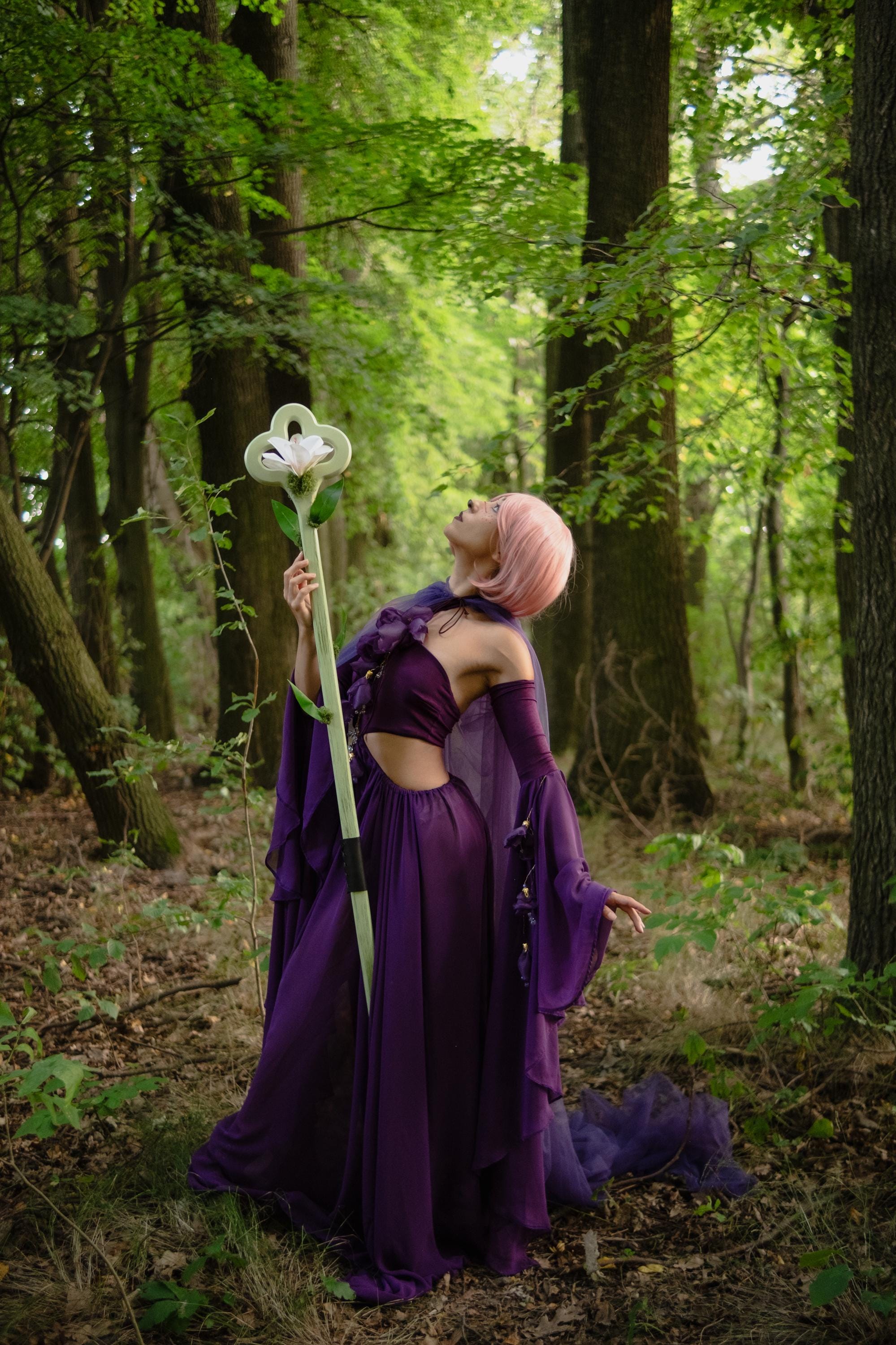 Lily Bloom Staff – Mint White Handmade Wooden Fantasy Cosplay Prop, Elf Druid Staff with Moss Accents