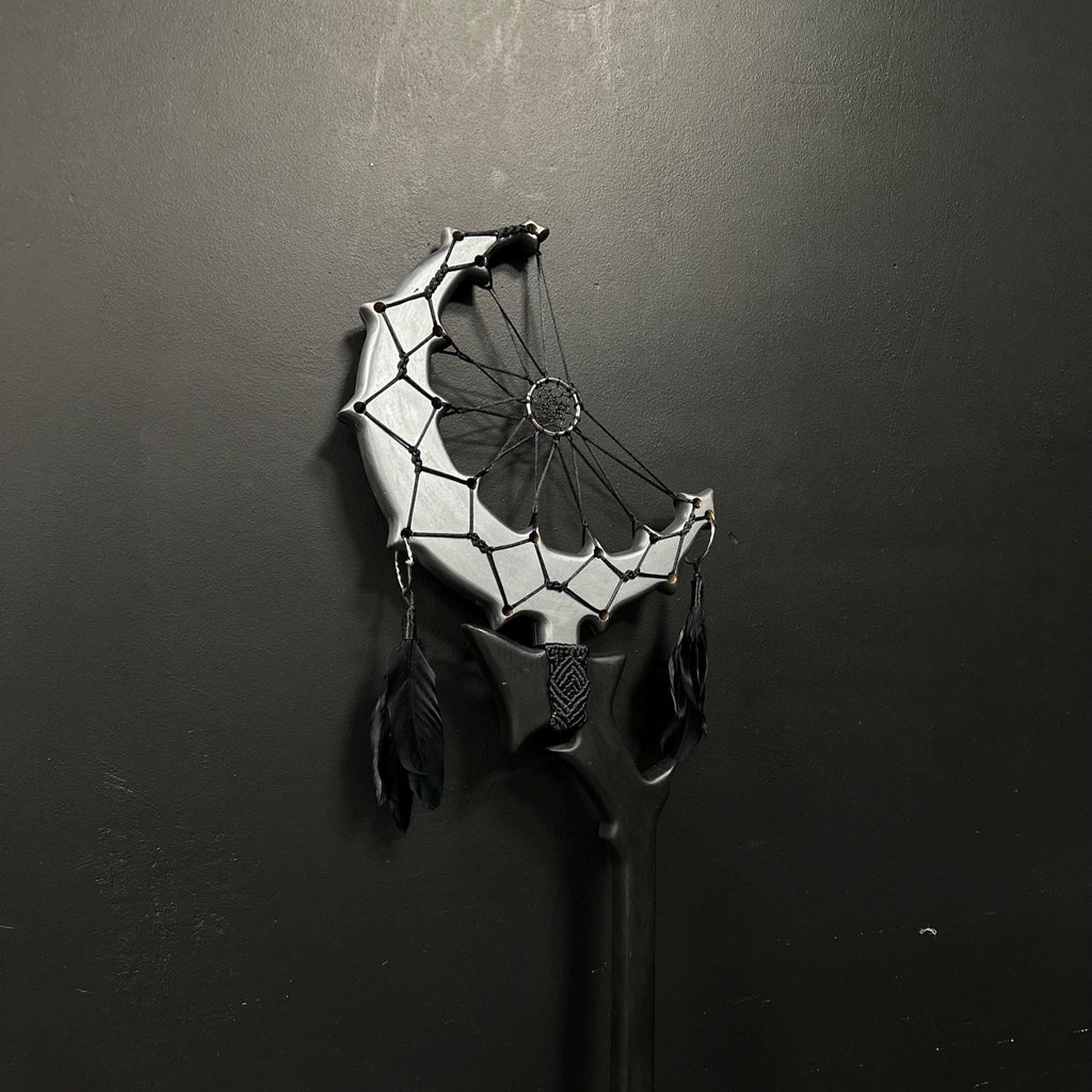 Lunar Dreamcatcher Staff – Handmade Silver Moon, Black Crescent Ritual Prop, Accessory with Feathers & Web, Costume Accessories, Macrame Art