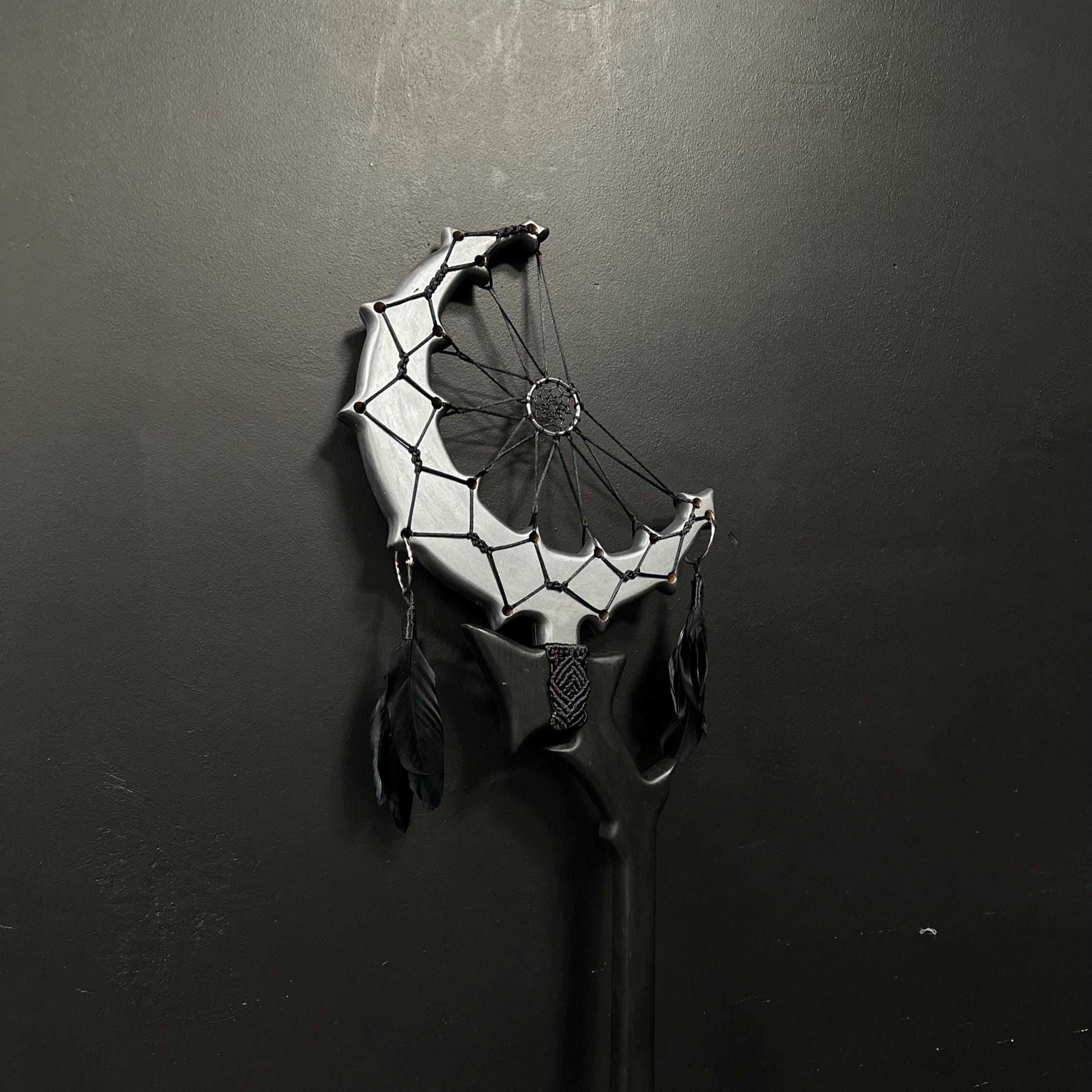 Lunar Dreamcatcher Staff – Handmade Silver Moon, Black Crescent Ritual Prop, Accessory with Feathers & Web, Costume Accessories, Macrame Art