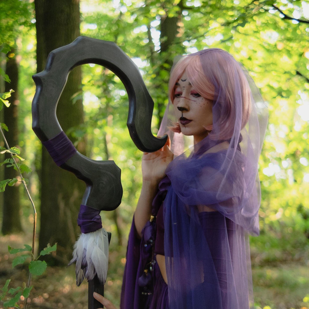 Whisper of the Void Wooden Staff - Dark Fantasy Wizard Staff, Purple Mage Prop, Witchcraft Cosplay Cane with Feathers