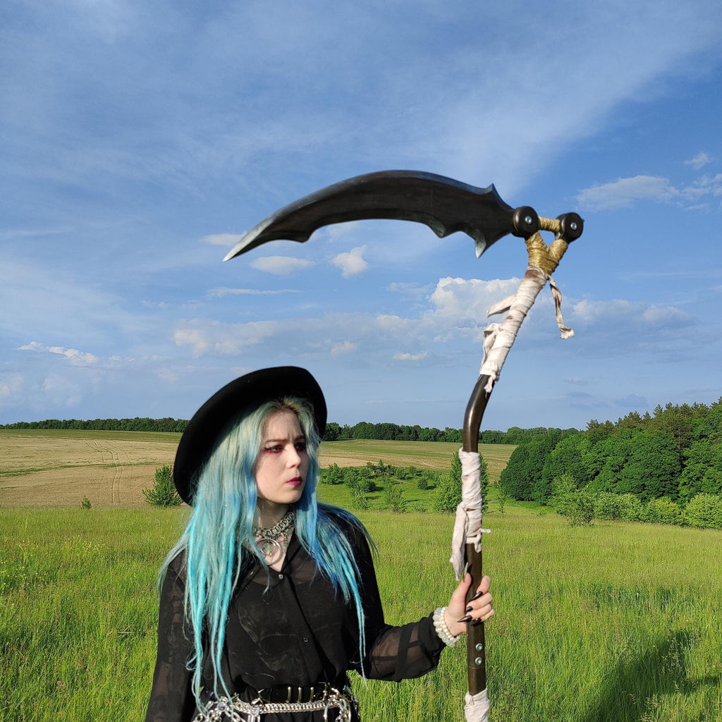 Scythe – Dark Crescent Wooden Black Staff – Handcrafted Fantasy Prop, Reaper, Gothic Fantasy Art Decor, Mystic Sorcerer Accessory