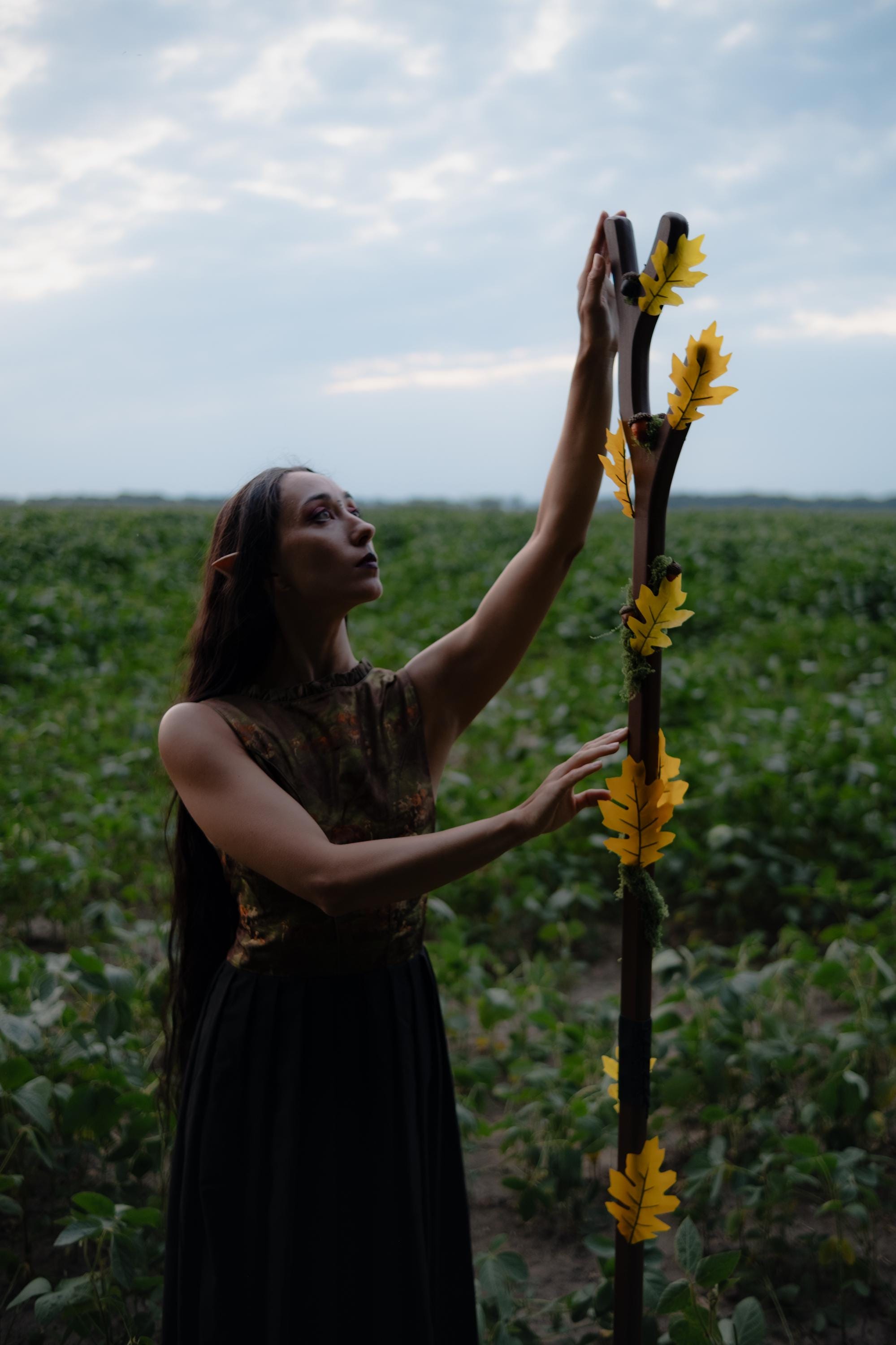 Oak Druid Staff – Fantasy Cosplay Prop with Acorns, Leaves and Moss, Wooden LARP Nature Mage Wand