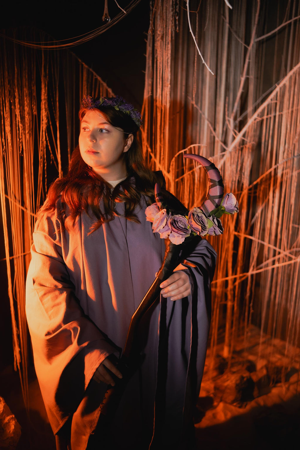 Plum Rose Moon Staff – Handcrafted Wooden Fantasy Stick with Rose Accents for Elvens, Druids and Mages, Wizard Accessory