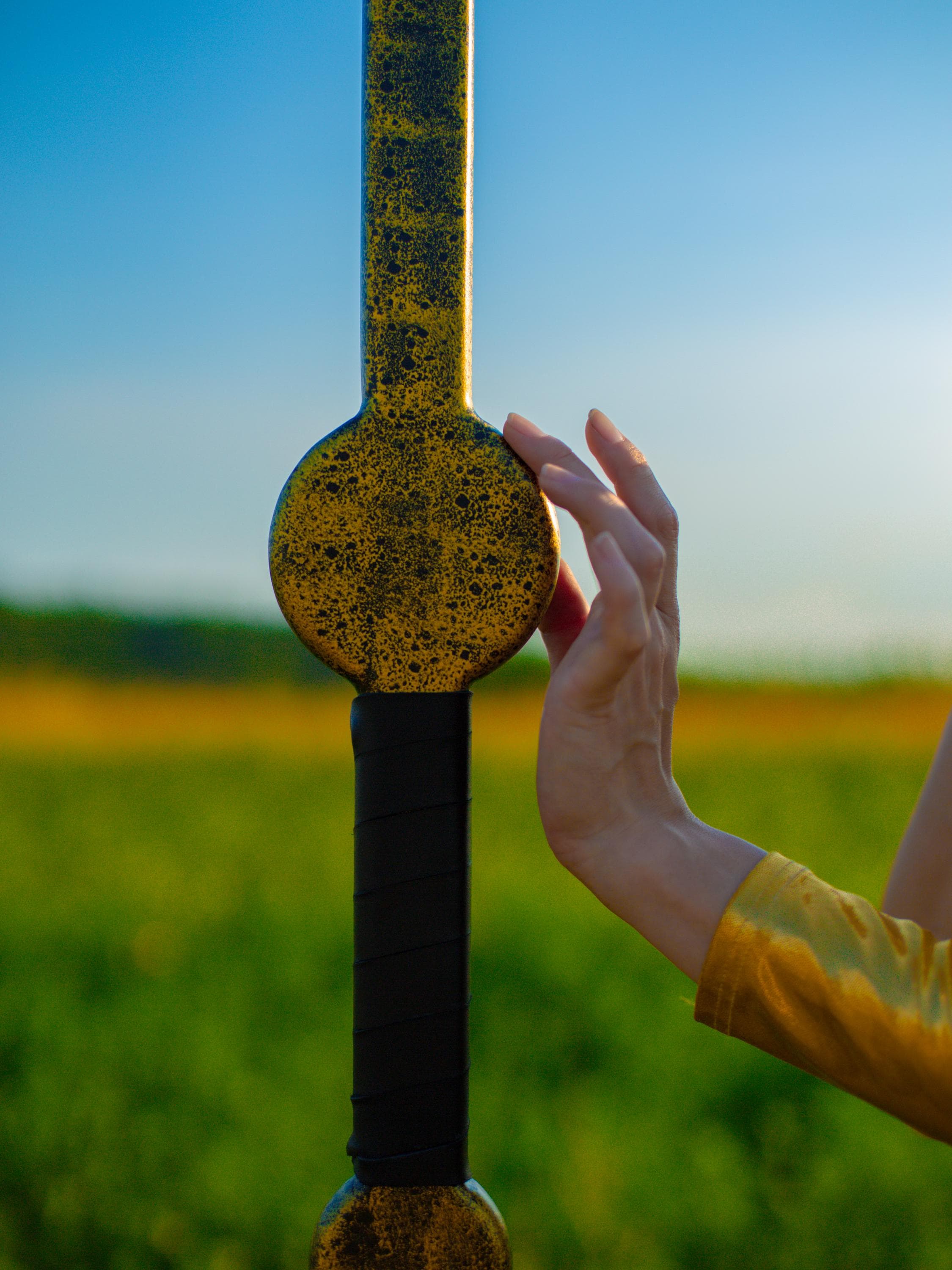 Solar Luminary Staff – Handmade Golden Wooden Staff, Fantasy Prop, Druid Walking Stick, Mystic Light Totem