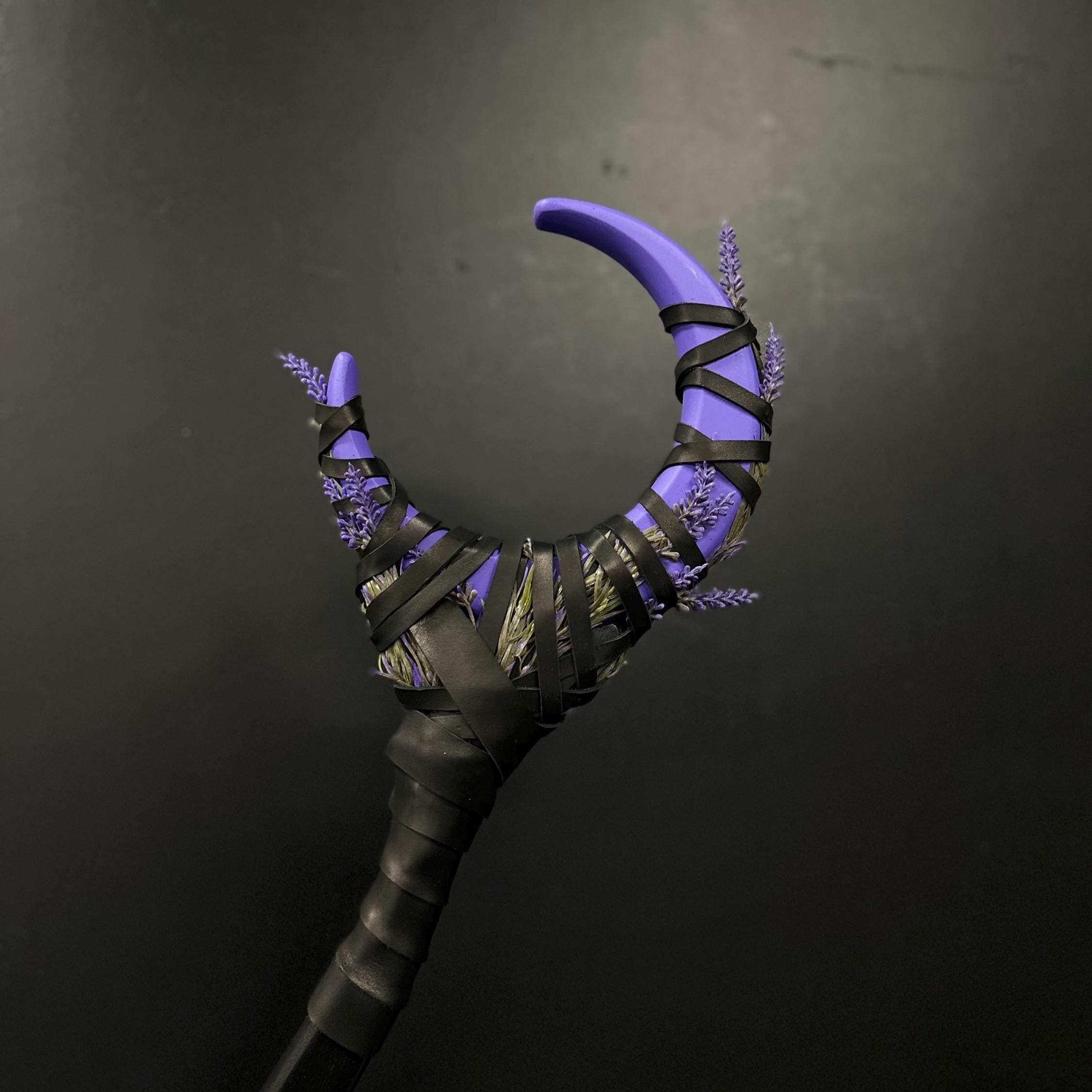Purple Crescent Moon Staff – Druid Cosplay Wand, Lunar Rod, Witchcraft and Magic, Mystic Wizardry, Wiccan Rod, Costume Accessories, Alder