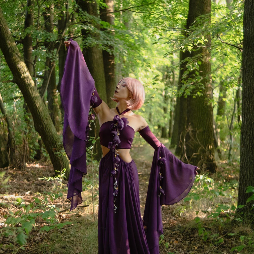 Purple Fantasy Fairy Costume – Moonlit Orchid, Elven Cosplay Dress with Flowers, Enchanted LARP Outfit, Witch or Goddess Gown