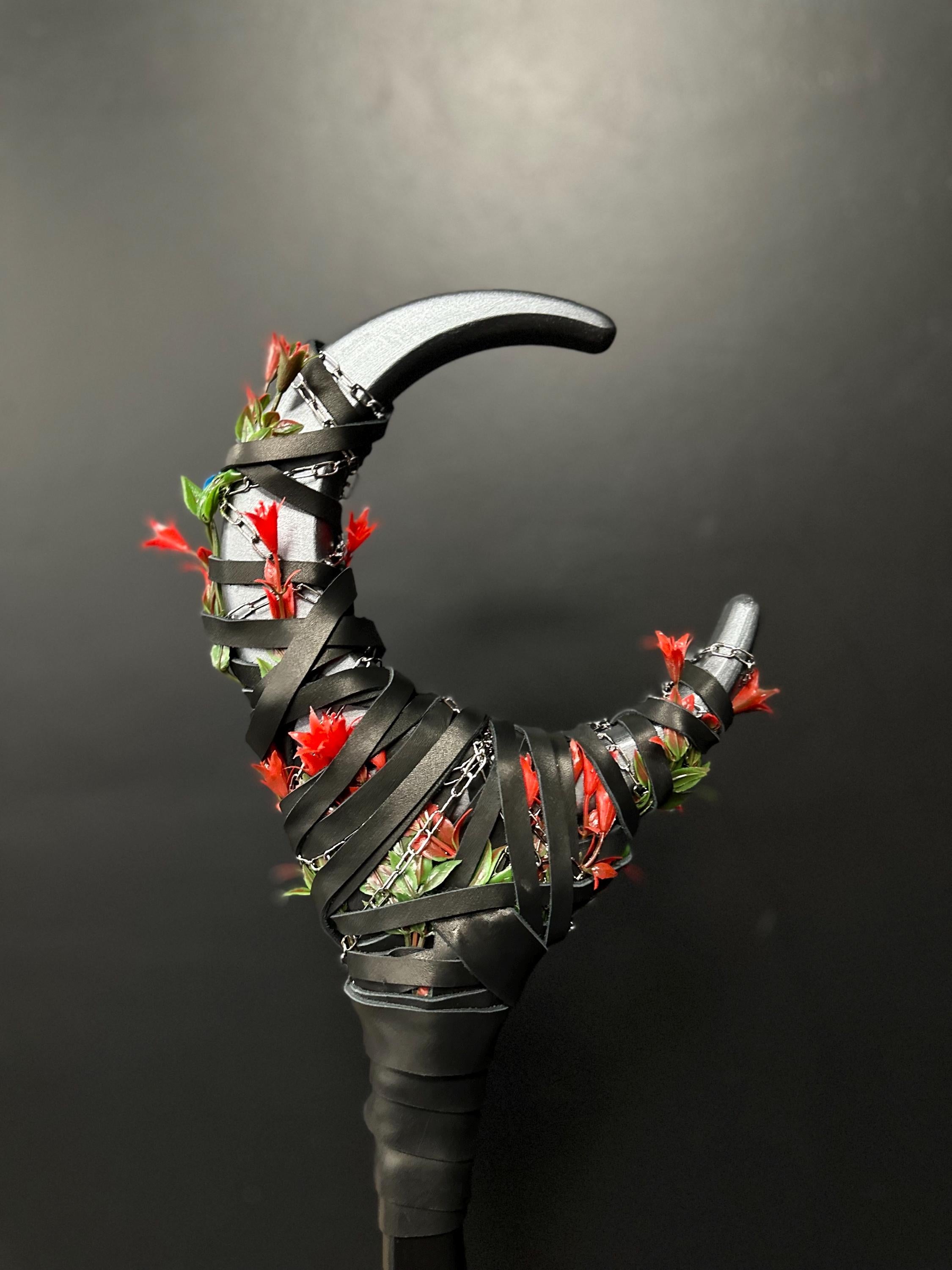 Blooming Nightshade Moon Staff – Wooden Fantasy Cosplay Staff, Silver Moon Color with Red Bellflower, Handcrafted Wizard Staff