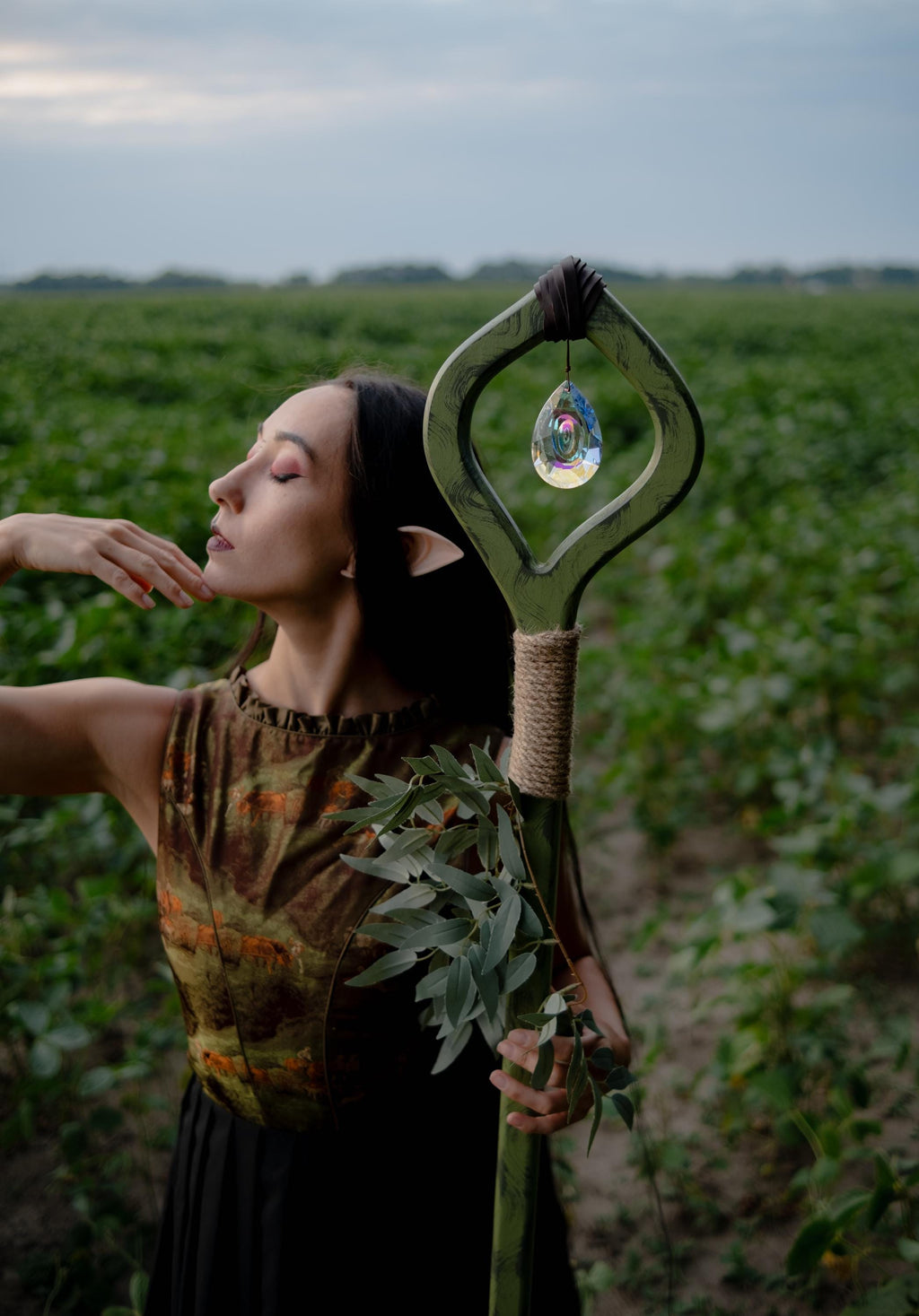 Crystal Of The Forest – Handmade Wooden Staff with Glass Crystal, Nature Staff for Cosplay