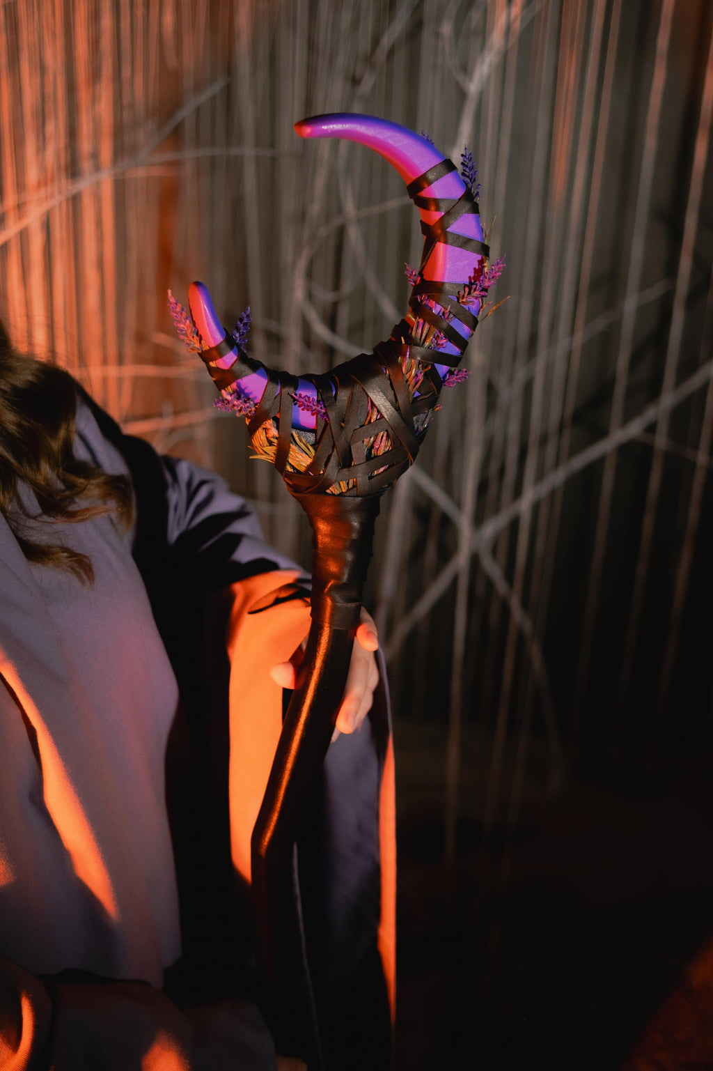 Purple Crescent Moon Staff – Druid Cosplay Wand, Lunar Rod, Witchcraft and Magic, Mystic Wizardry, Wiccan Rod, Costume Accessories, Alder