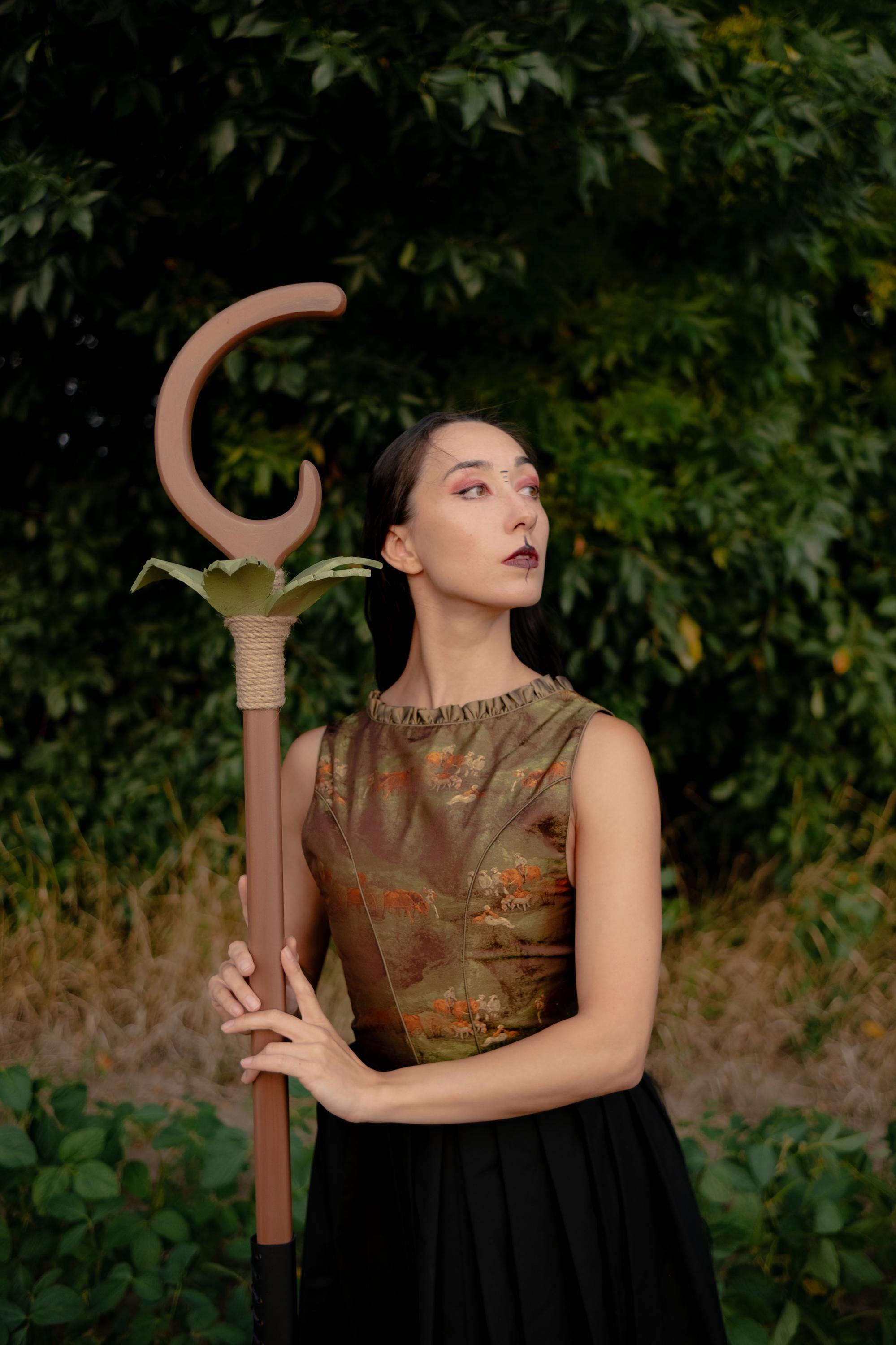 Petal Crescent - Druid Staff with EVA Foam Leaves – Handmade Wooden Nature Staff for Cosplay