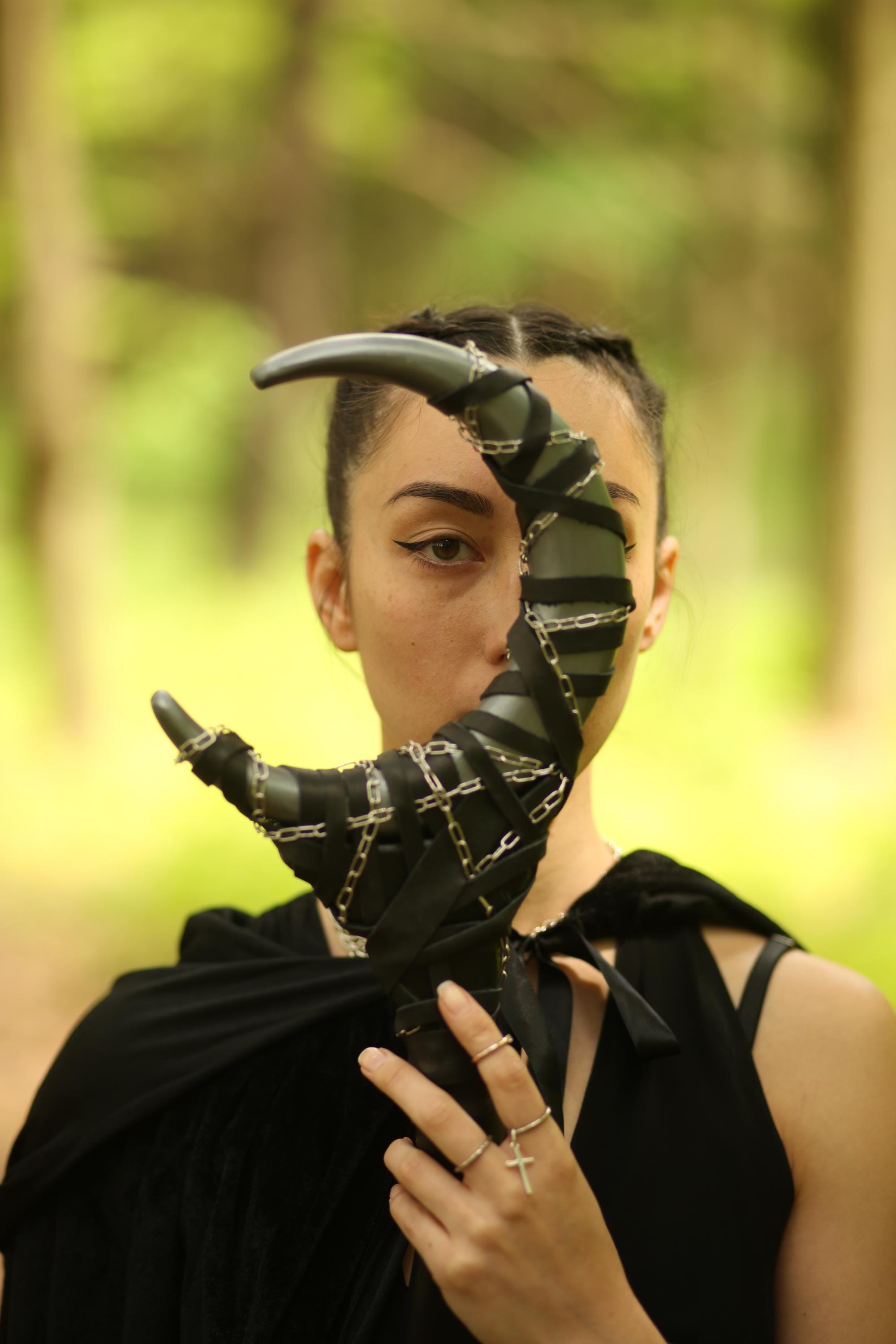 Gun Metal Crescent Moon Staff – Druidic Wand, Wicca Ritual Prop, LARP Wizard Stick, Fantasy Cosplay Accessory, Alder Wood