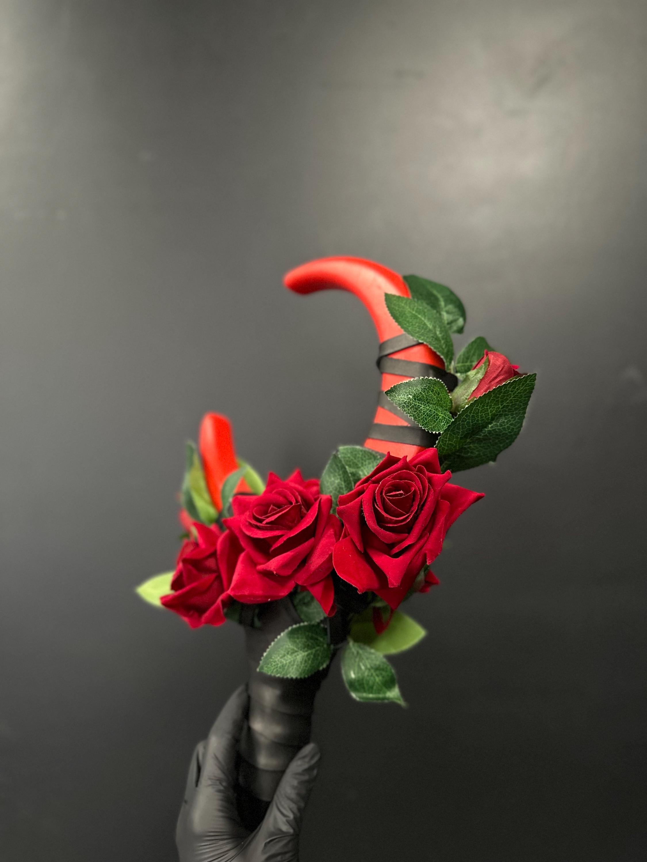 Blood Rose Crescent Moon Staff – Crimson Bloom Red or Burgundy color, Wooden Wizard Wand, Handmade Fantasy Prop, Decorative Alder Staff