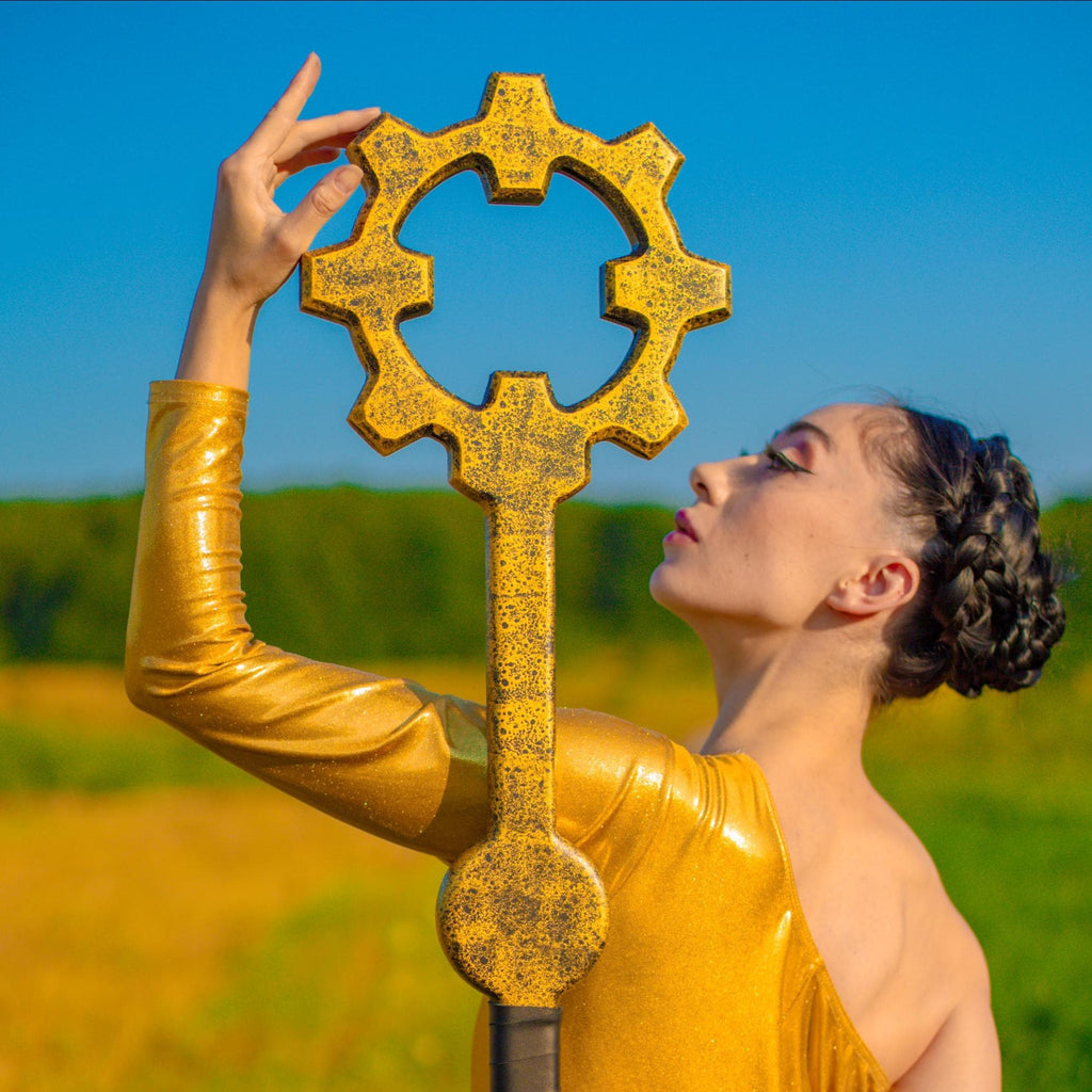 Solar Luminary Staff – Handmade Golden Wooden Staff, Fantasy Prop, Druid Walking Stick, Mystic Light Totem