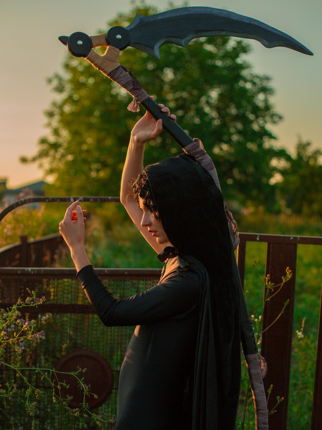 Scythe – Dark Crescent Wooden Black Staff – Handcrafted Fantasy Prop, Reaper, Gothic Fantasy Art Decor, Mystic Sorcerer Accessory