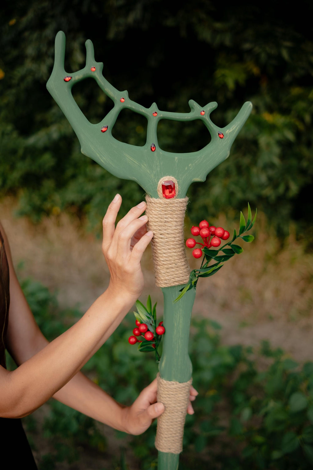 Crown of the Forest  – Elven or Druid Wooden Staff with Antler Design and Red Gemstones for Cosplay