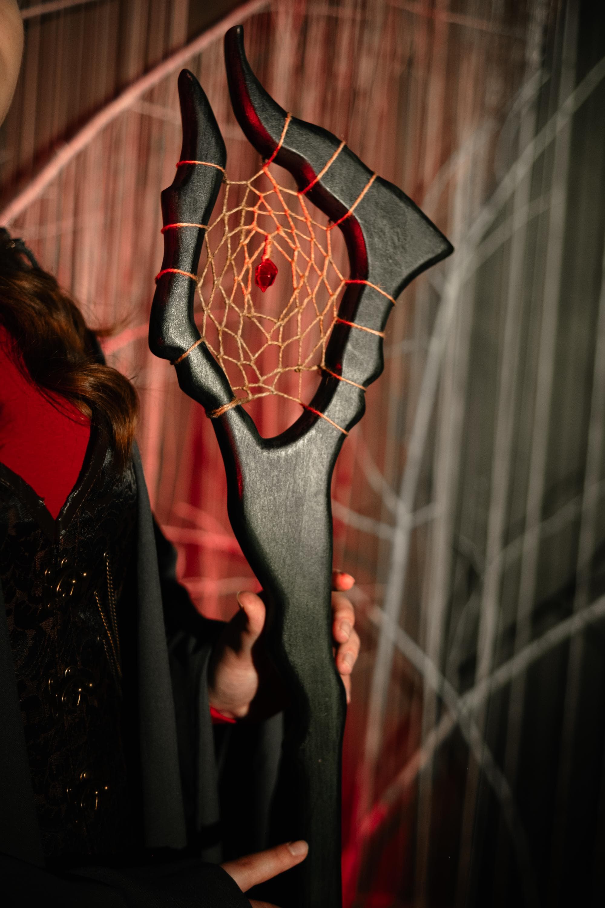 Witch Staff  – The Witch's Snare, Crimson Web Staff, Handcrafted Wooden Fantasy Prop with Dreamcatcher Center, Arcane-Themed Characters