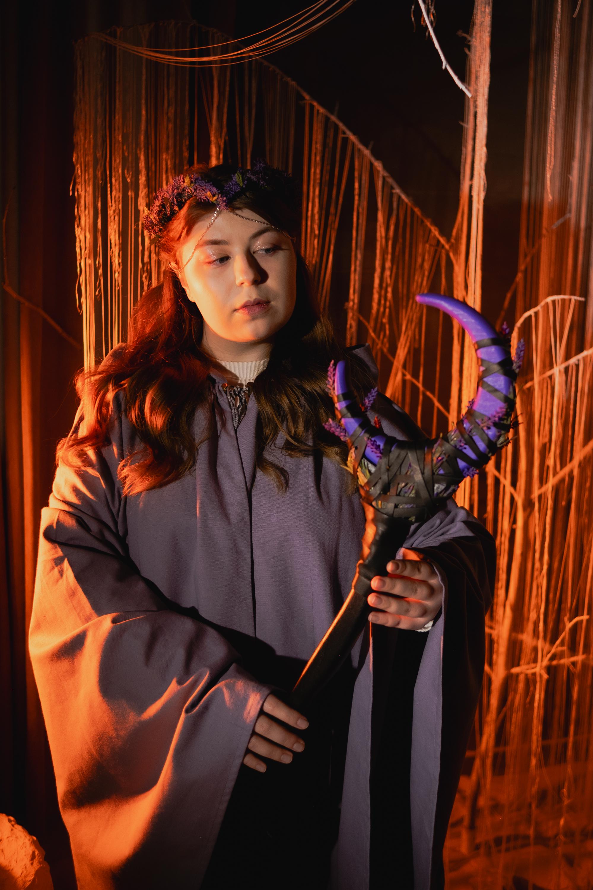 Purple Crescent Moon Staff – Druid Cosplay Wand, Lunar Rod, Witchcraft and Magic, Mystic Wizardry, Wiccan Rod, Costume Accessories, Alder