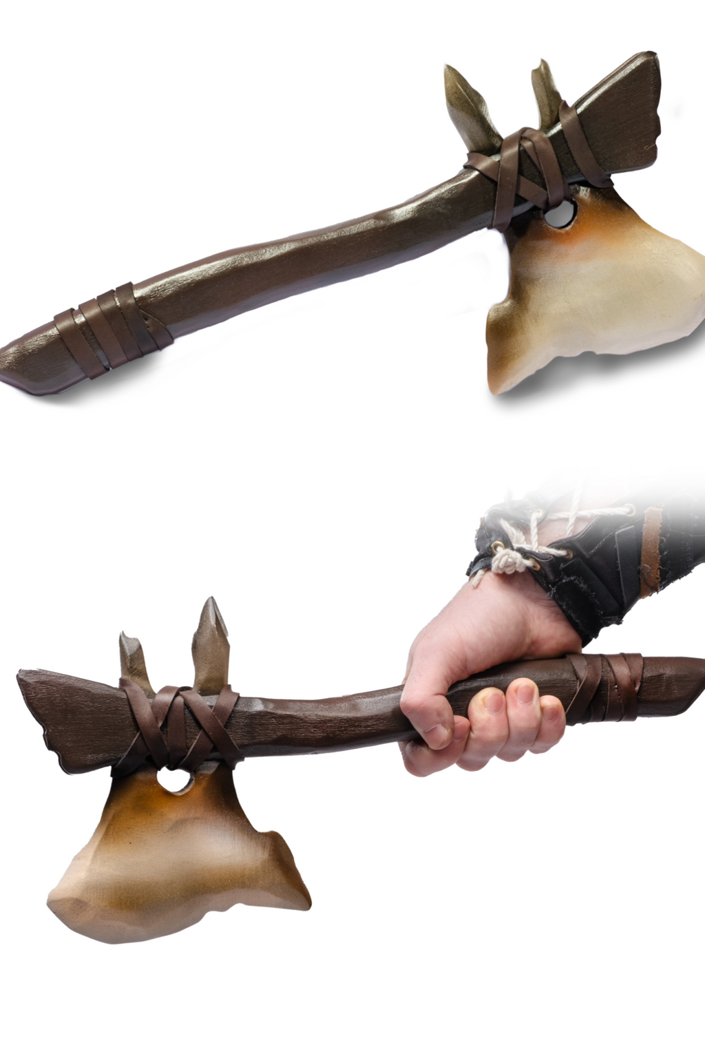 Bonecrest Relic handmade wooden fantasy accessory with bone-style top and leather wrap