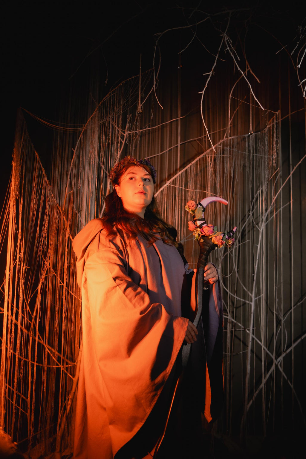 Petal Moon Charm –  Floral Crescent Wood Wizard Staff, Alder Fantasy Staff, Blossom Magic Cane, Rose Moon Stave, Nature Inspired Costume