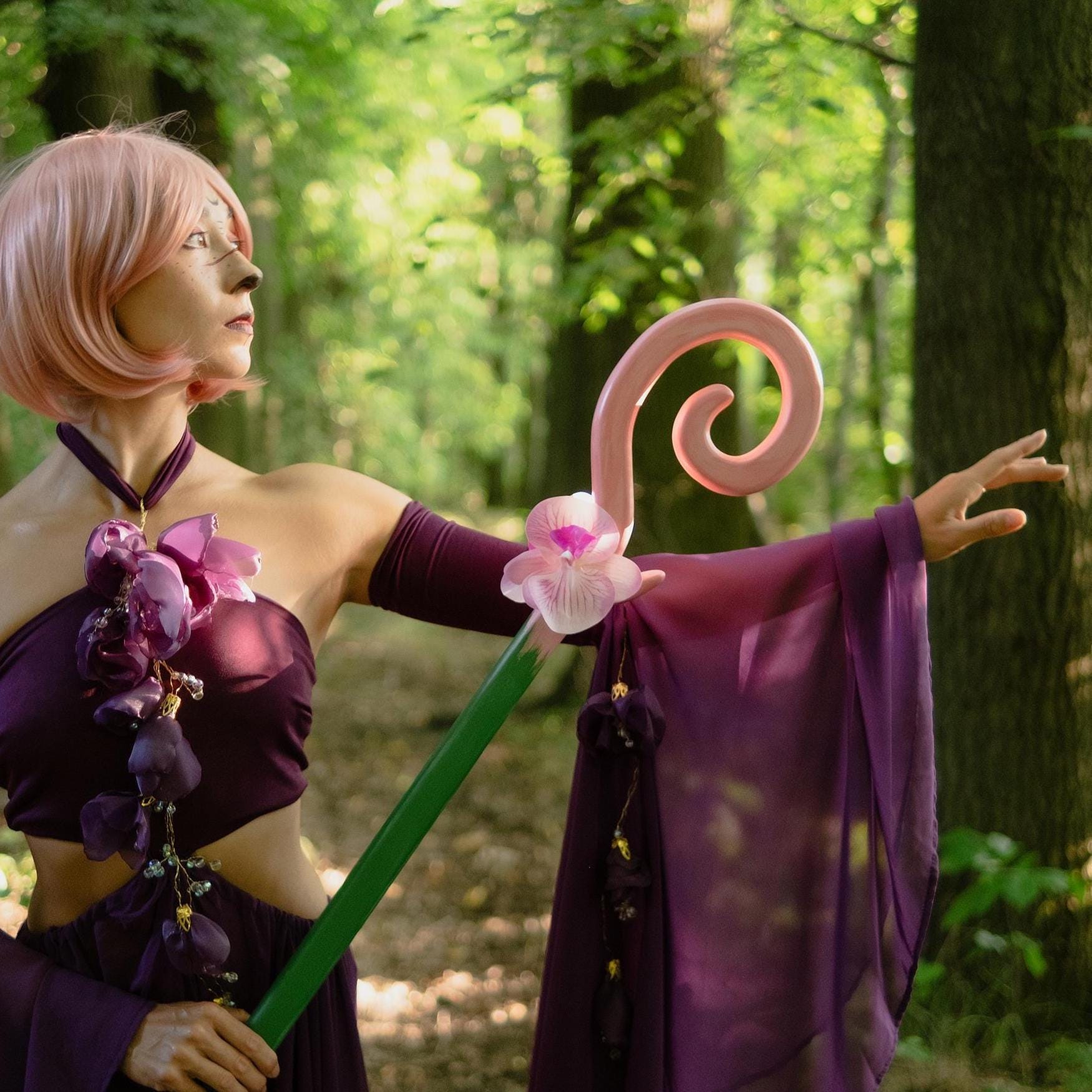 Cosplay Staff – "Orchid Blossom " Pink Wooden Wizard Prop Fantasy Roleplay, Mage or Sorcerer Costume, Witch, Fairy or Elf