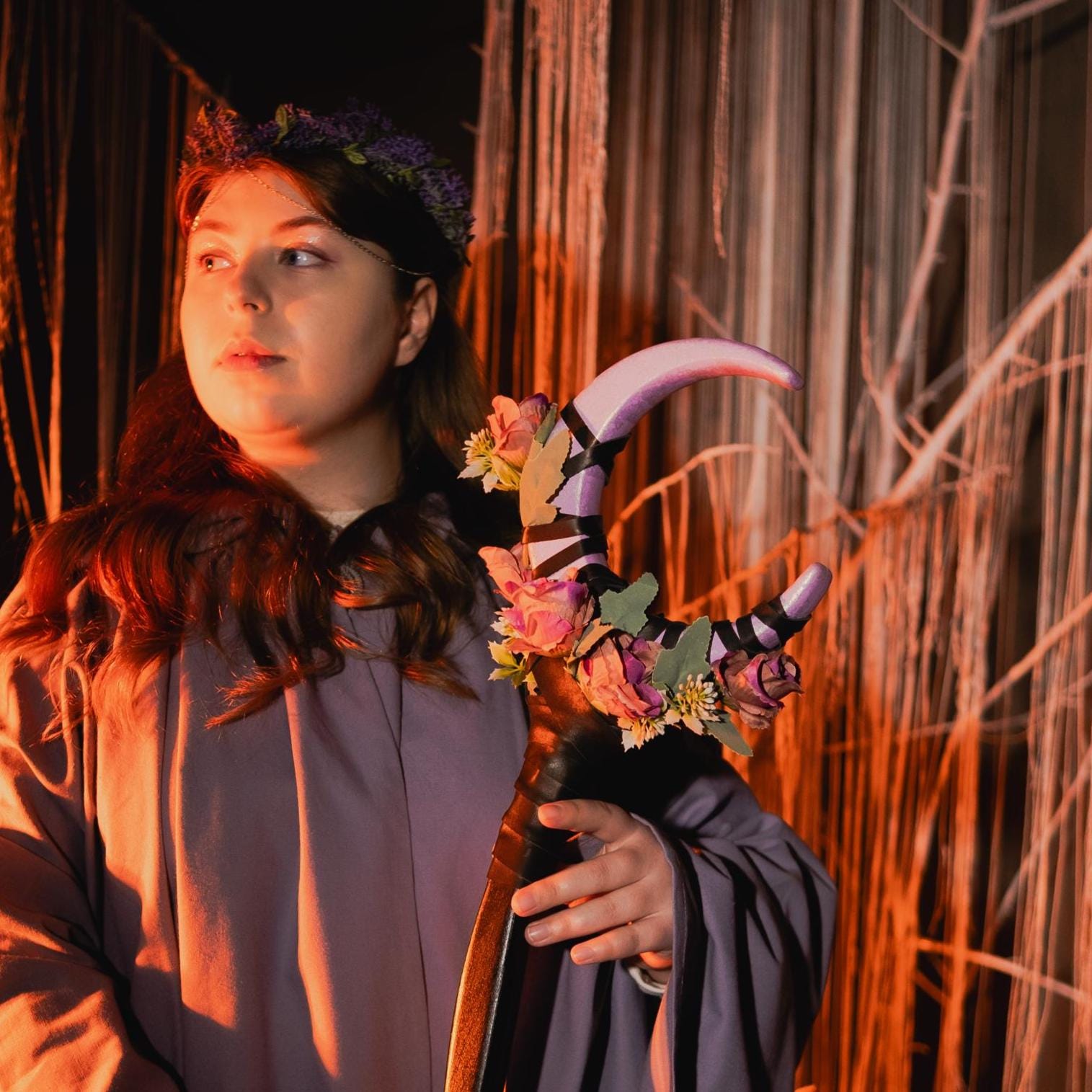 Petal Moon Charm –  Floral Crescent Wood Wizard Staff, Alder Fantasy Staff, Blossom Magic Cane, Rose Moon Stave, Nature Inspired Costume