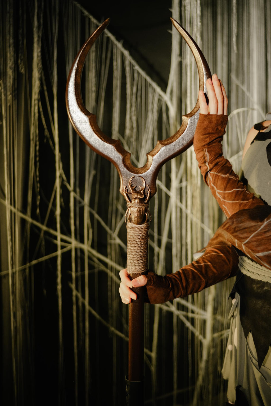 Bug-Shaped Arcane Staff – Wooden Fantasy Costume, Beetle Design, Handmade Druidic Decor, Nature-Inspired Prop