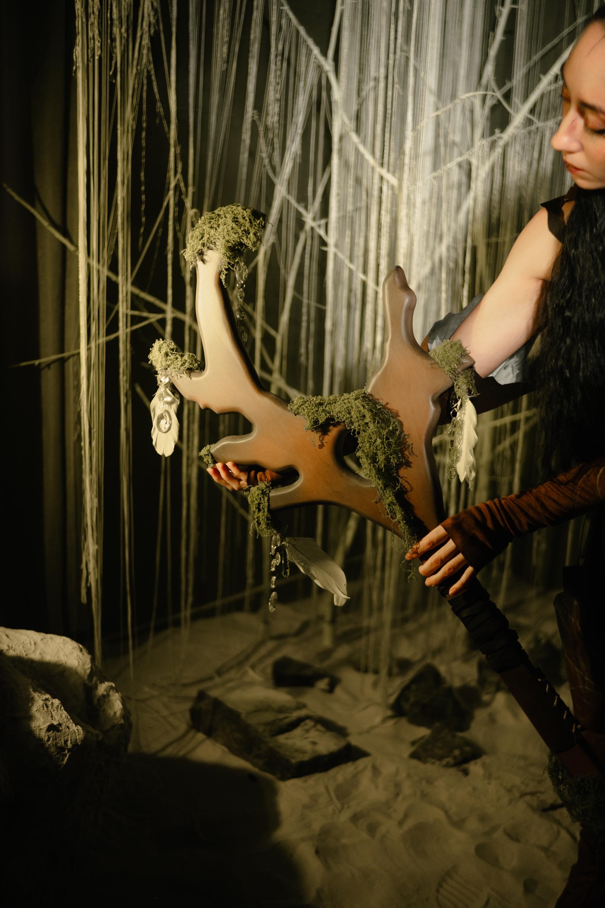 Elder Grove Spirit Staff – Wooden Fantasy Prop with Moss & Crystal Accents