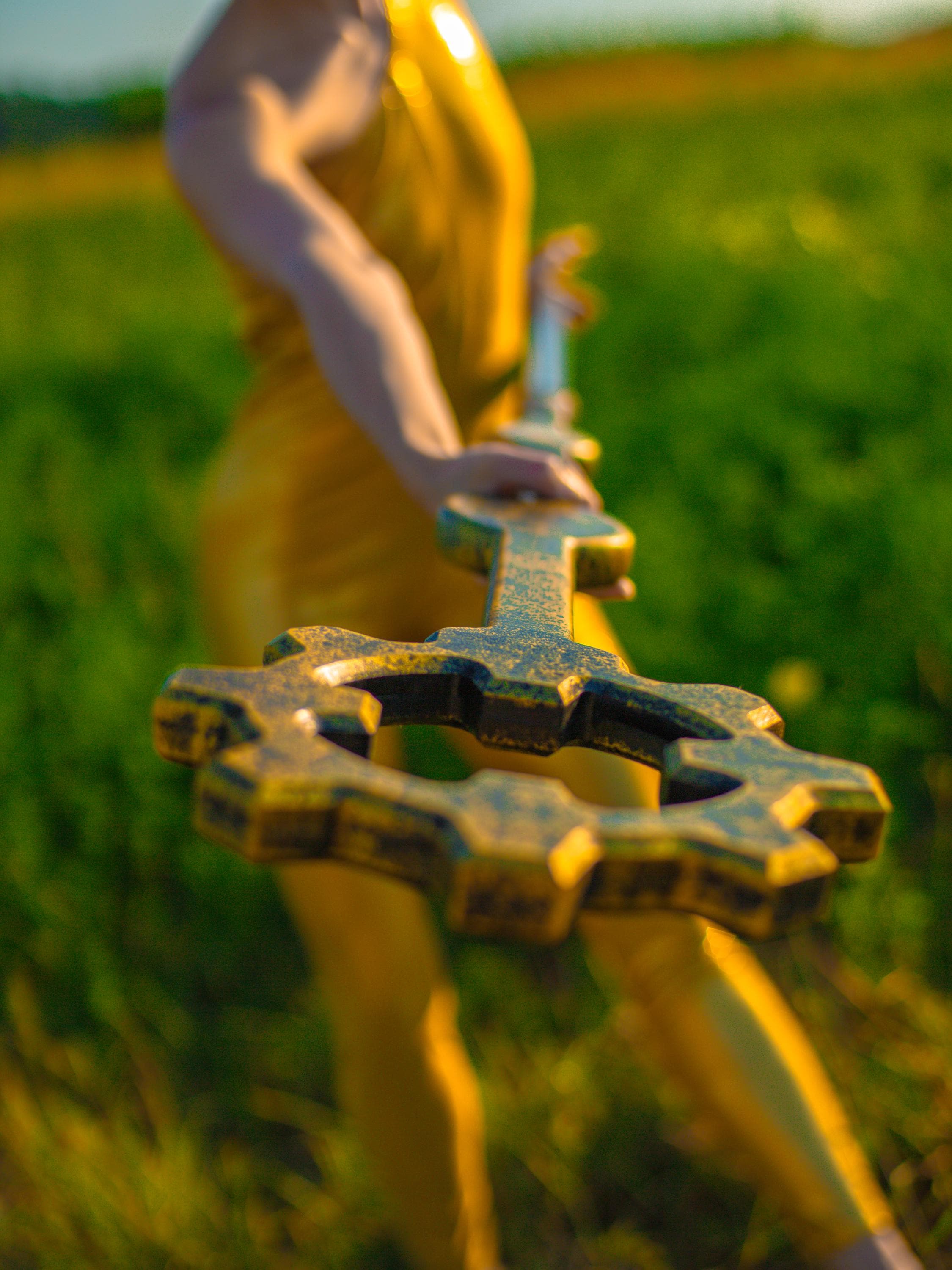 Solar Luminary Staff – Handmade Golden Wooden Staff, Fantasy Prop, Druid Walking Stick, Mystic Light Totem