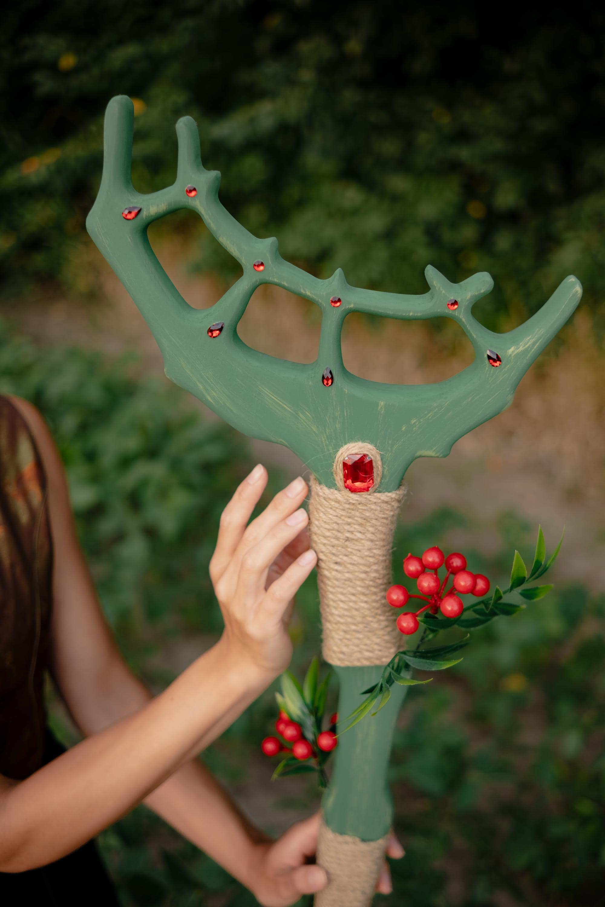 Crown of the Forest  – Elven or Druid Wooden Staff with Antler Design and Red Gemstones for Cosplay