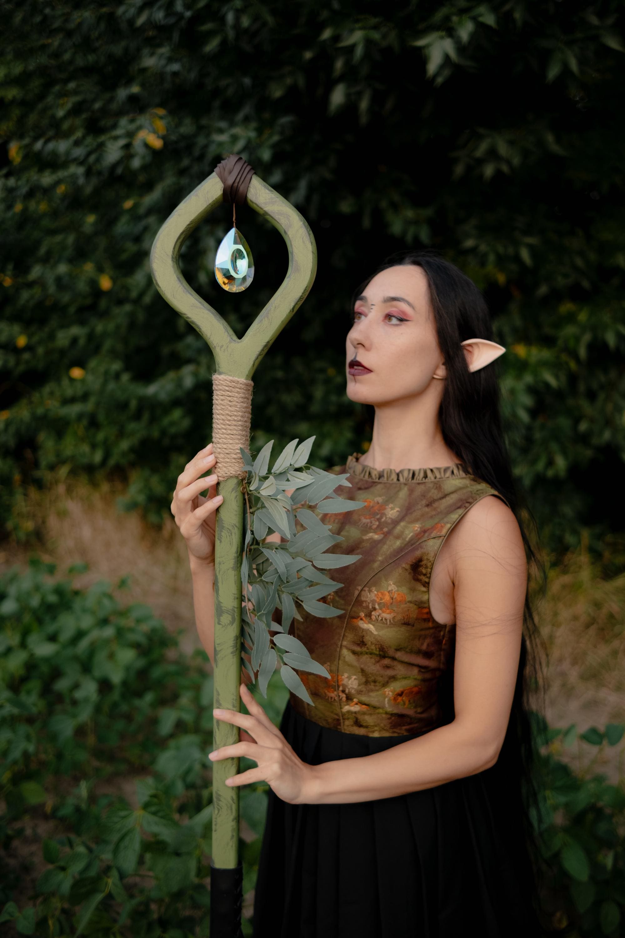 Crystal Of The Forest – Handmade Wooden Staff with Glass Crystal, Nature Staff for Cosplay
