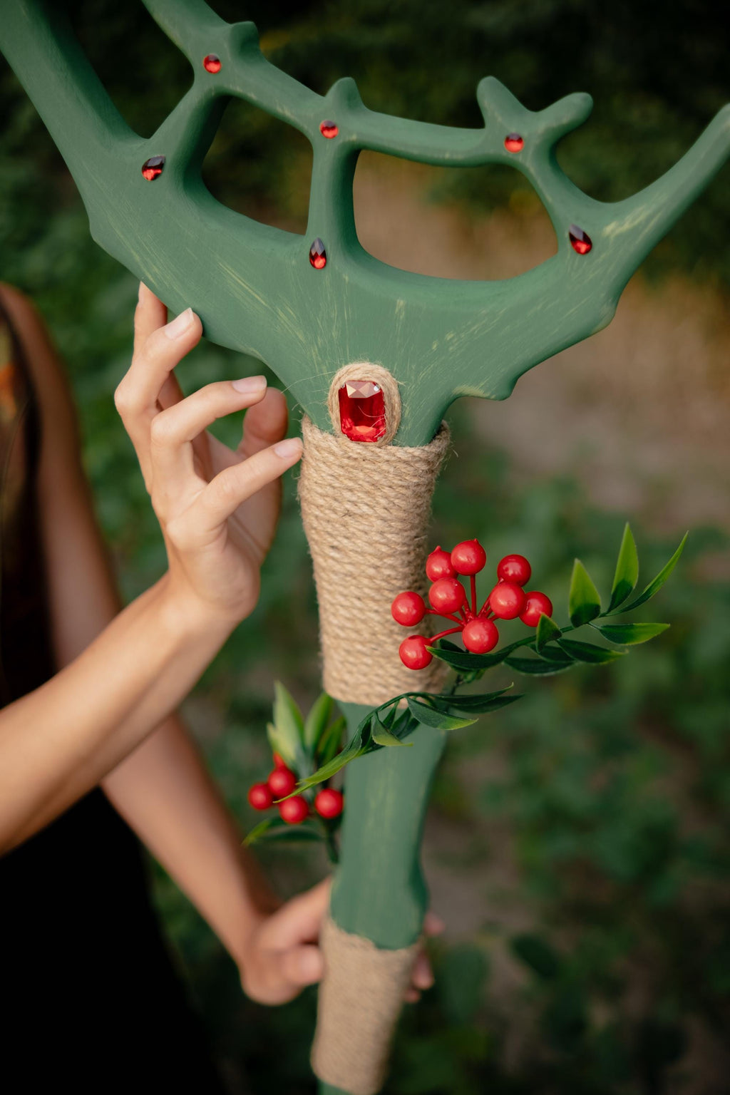 Crown of the Forest  – Elven or Druid Wooden Staff with Antler Design and Red Gemstones for Cosplay