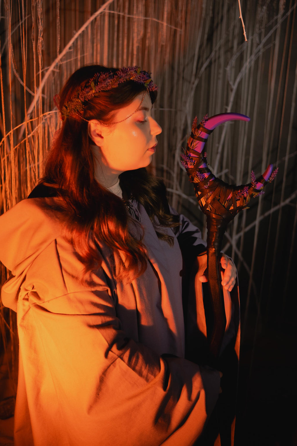 Purple Crescent Moon Staff – Druid Cosplay Wand, Lunar Rod, Witchcraft and Magic, Mystic Wizardry, Wiccan Rod, Costume Accessories, Alder