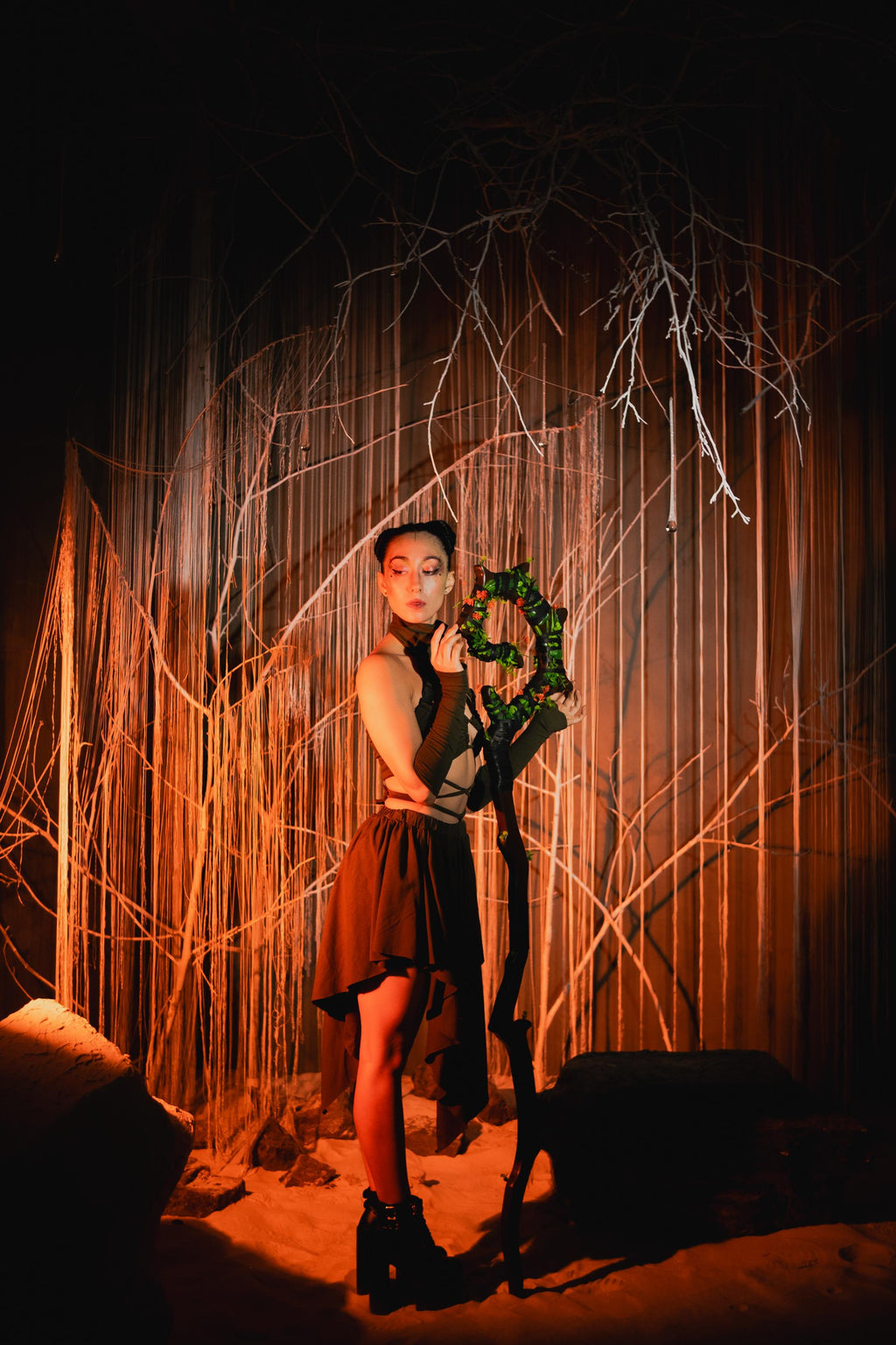 The Swamp Druid Staff with Red Flowers, Druid Сane, Wooden Fantasy Prop for Tiefling, Genasi Cleric, Wizard Costume