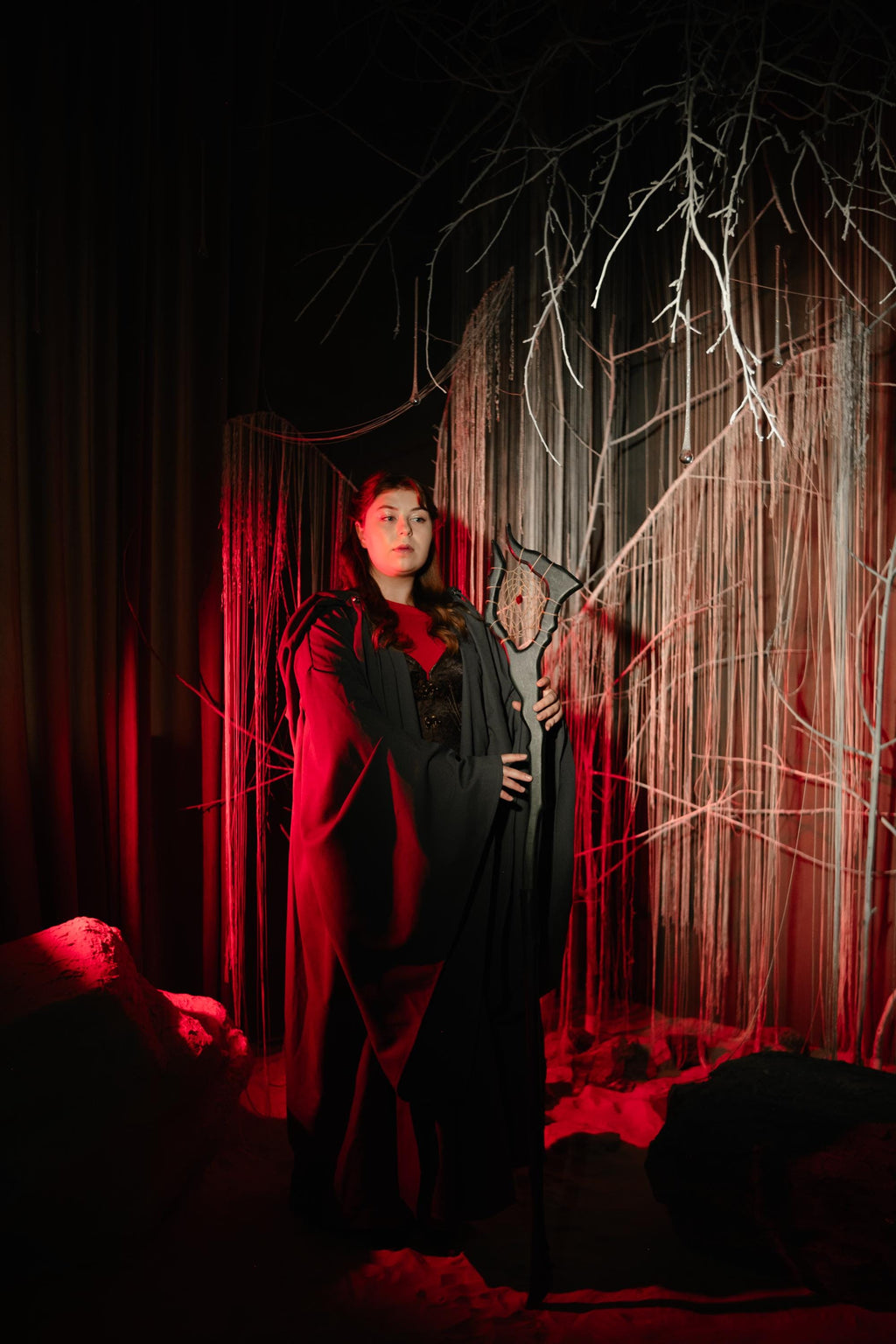 Witch Staff  – The Witch's Snare, Crimson Web Staff, Handcrafted Wooden Fantasy Prop with Dreamcatcher Center, Arcane-Themed Characters